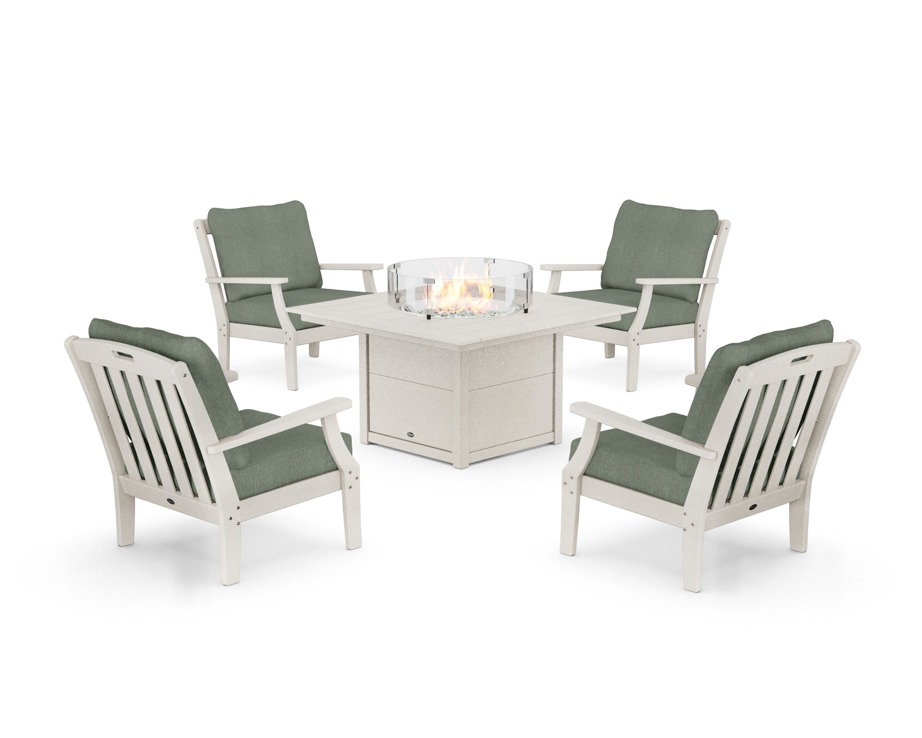 Yacht Club 5-Piece Deep Seating Set with Square Fire Pit Table in Sand Castle / Cast Sage