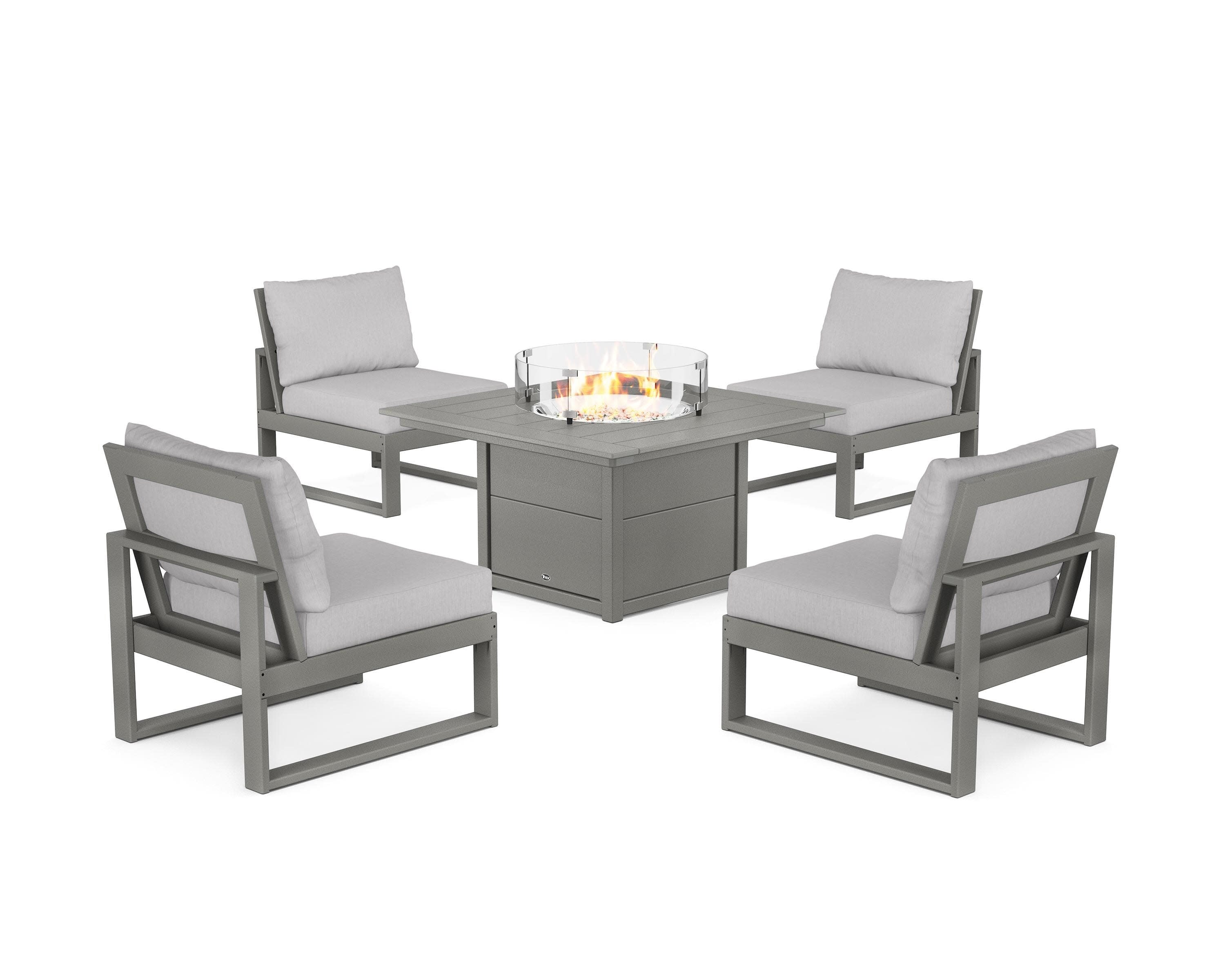 Eastport Modular 5-Piece Deep Seating Set with Square Fire Pit Table in Stepping Stone / Granite