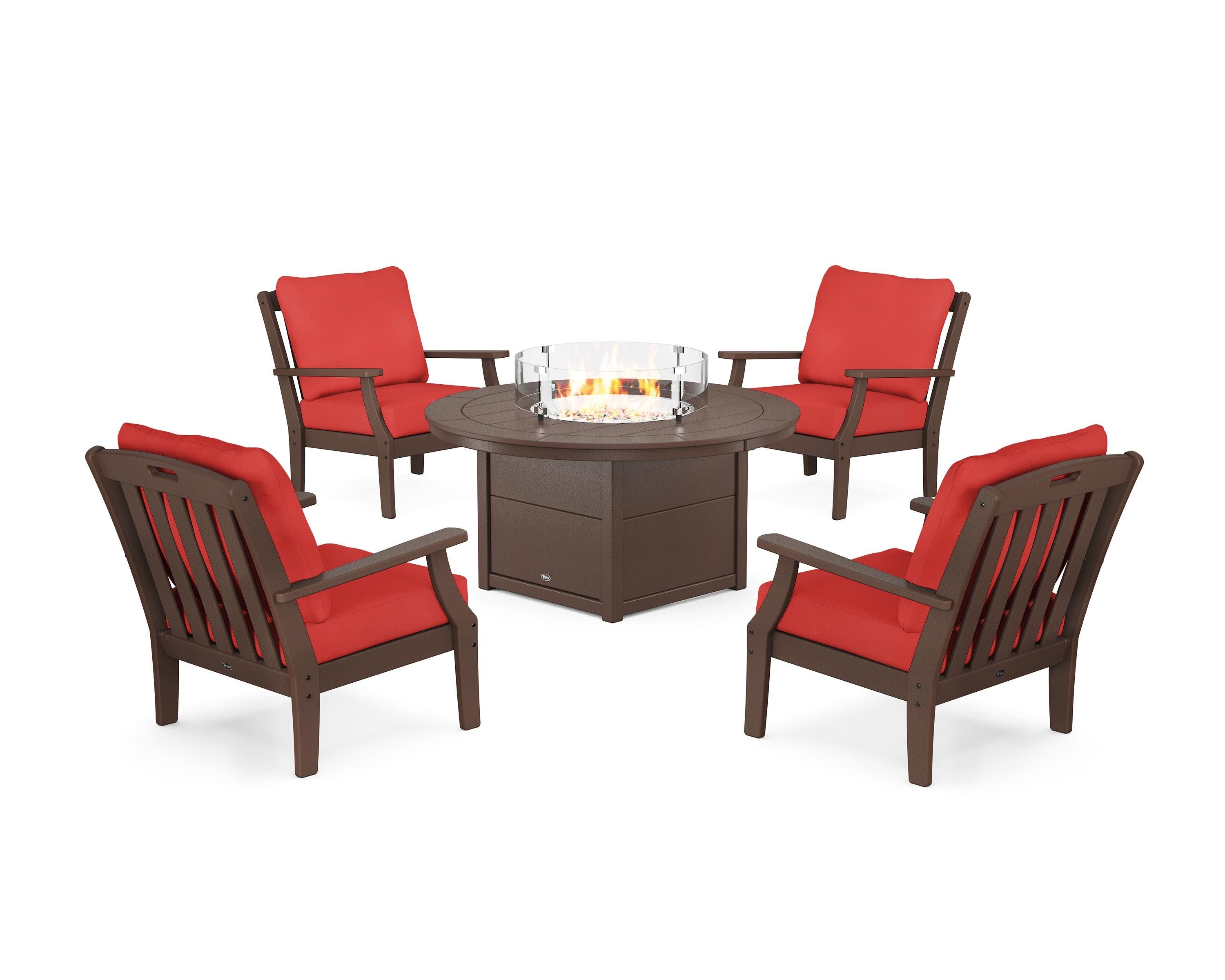 Yacht Club 5-Piece Deep Seating Set with Round Fire Pit Table in Vintage Lantern / Crimson Linen