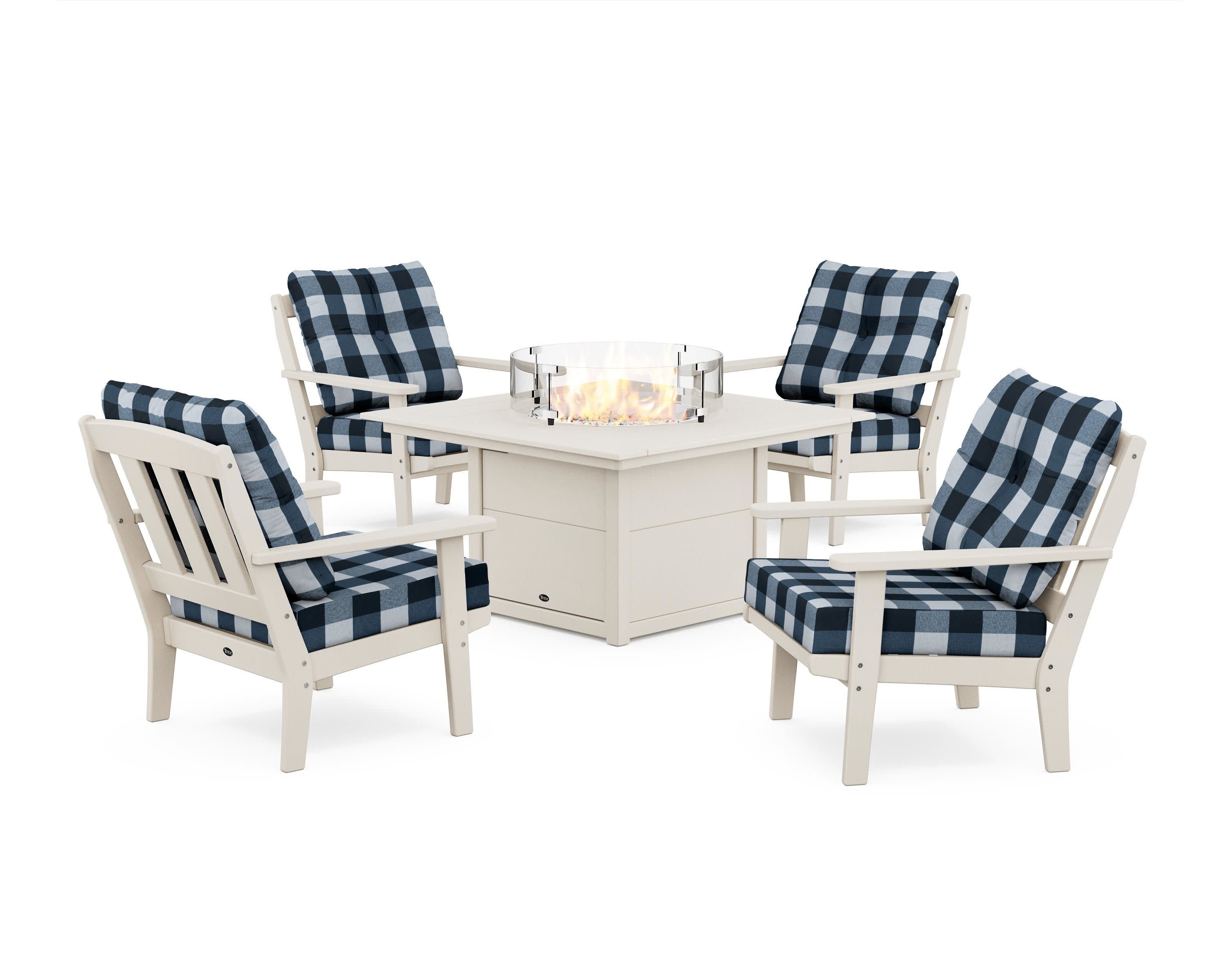 Cape Cod 5-Piece Deep Seating Set with Fire Pit Table in Sand Castle / Buffalo Plaid Marine Indigo