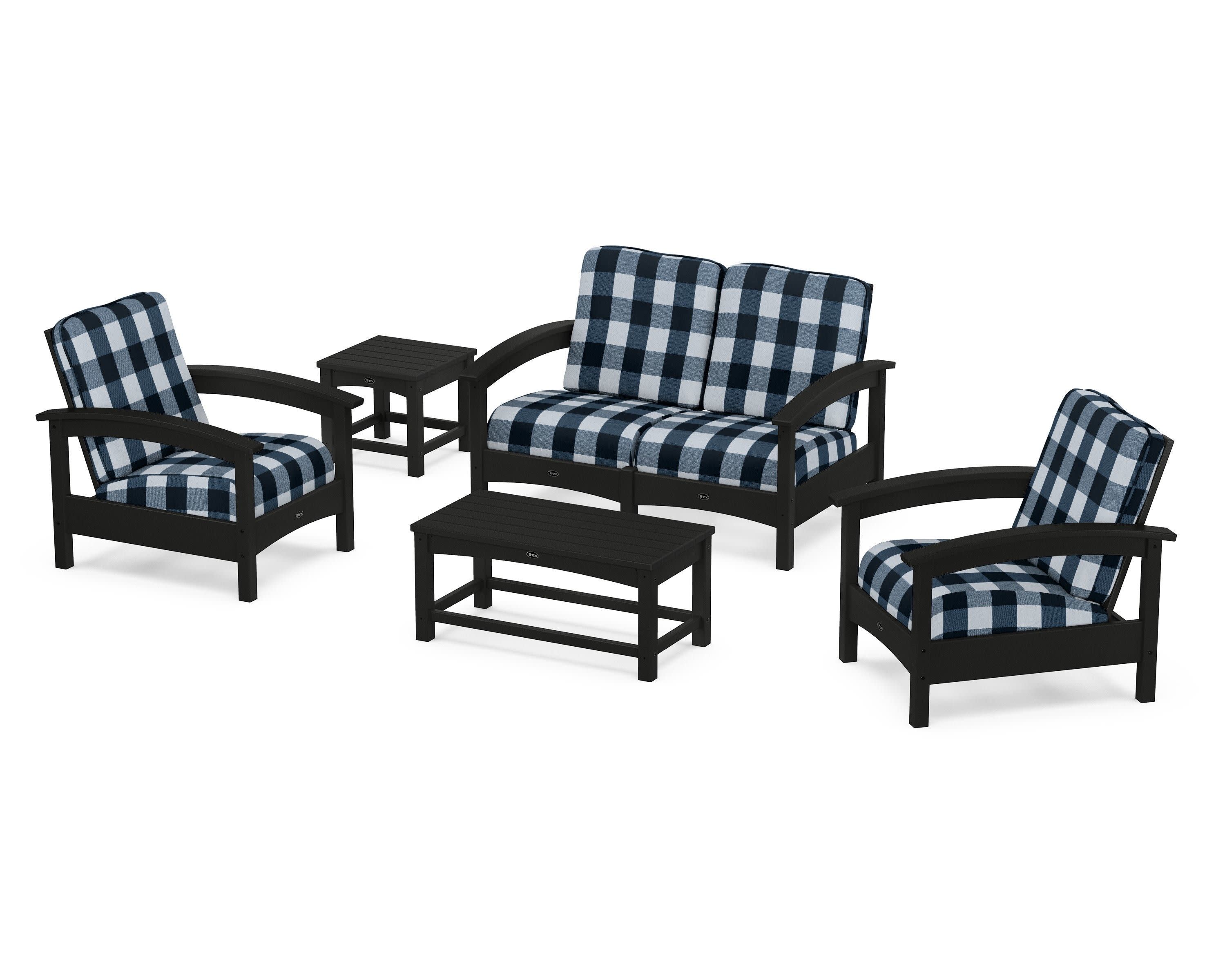 Rockport Club 6-Piece Deep Seating Conversation Set in Charcoal Black / Buffalo Plaid Marine Indigo