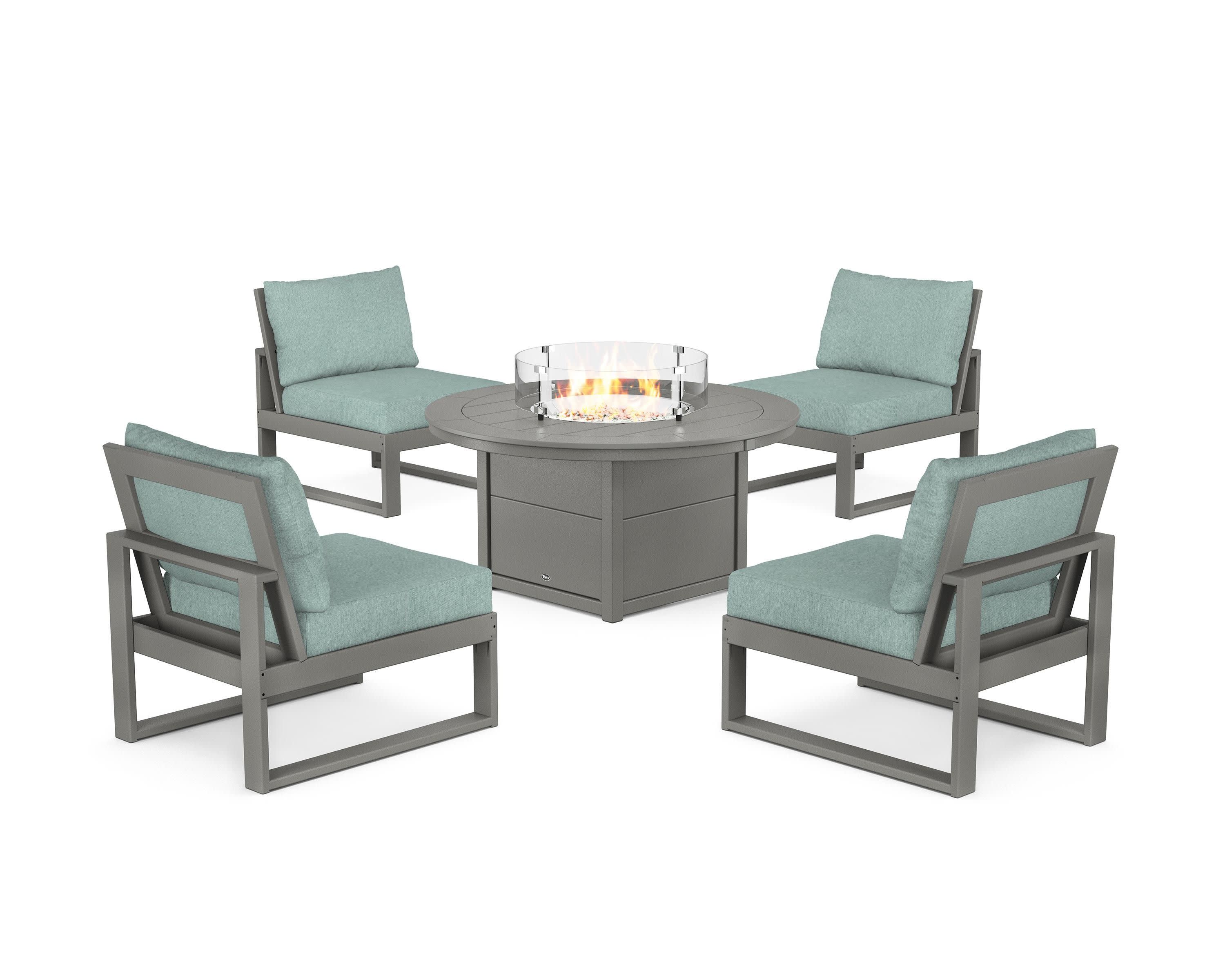 Eastport Modular 5-Piece Deep Seating Set with Round Fire Pit Table in Stepping Stone / Glacier Spa