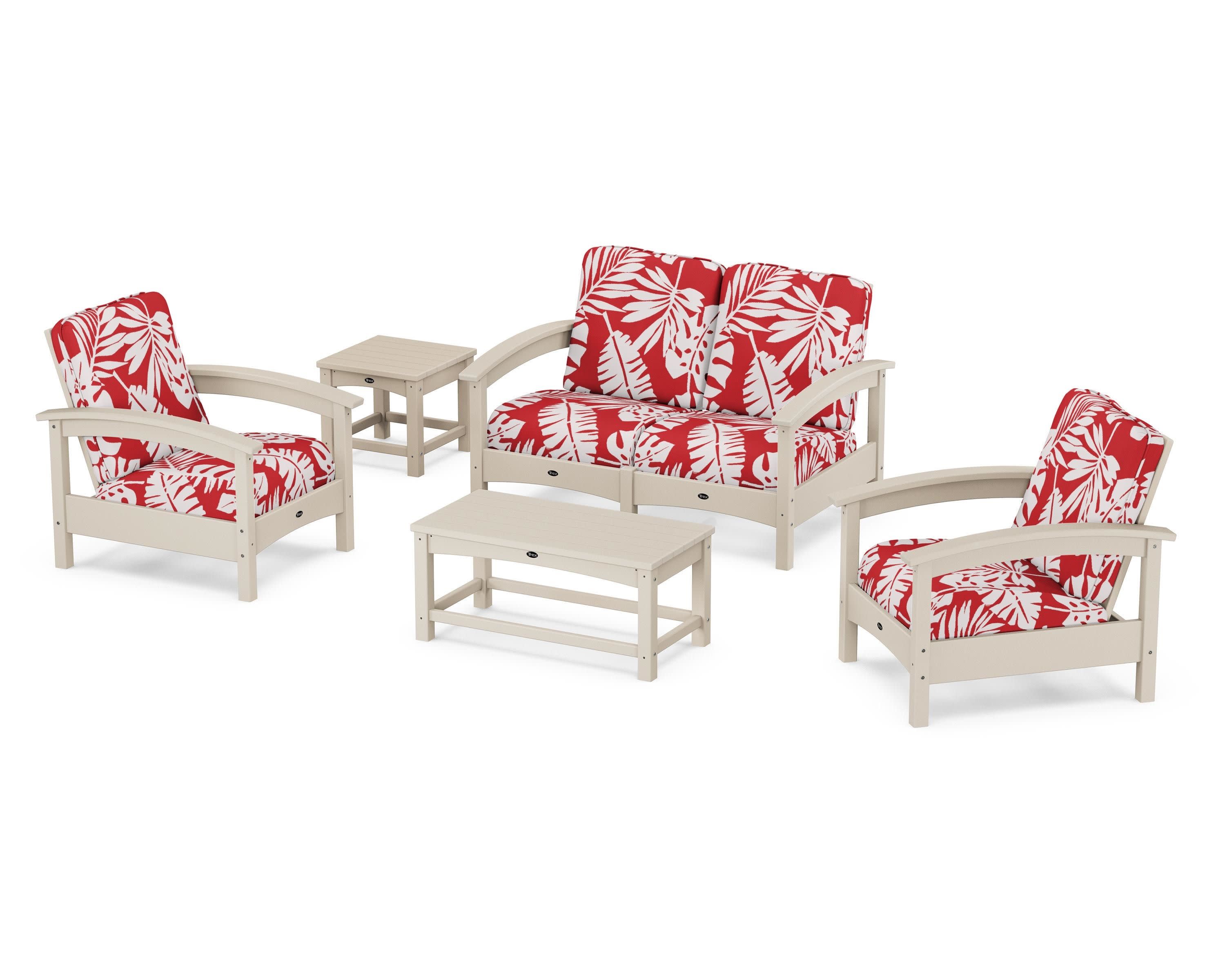 Rockport Club 6-Piece Deep Seating Conversation Set in Sand Castle / Leaf Crimson