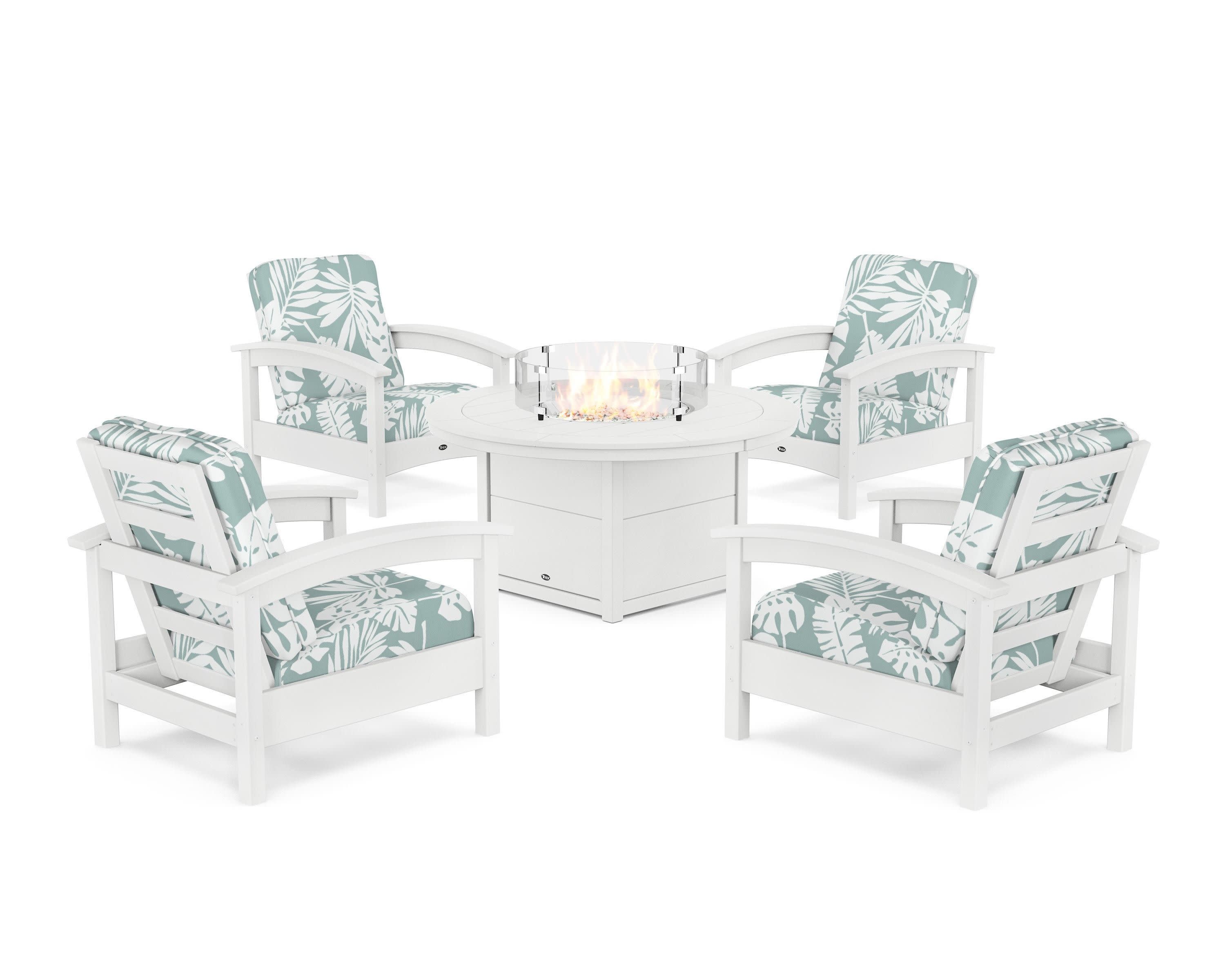 Rockport 5-Piece Deep Seating Set with Round Fire Pit Table in Classic White / Leaf Glacier Spa