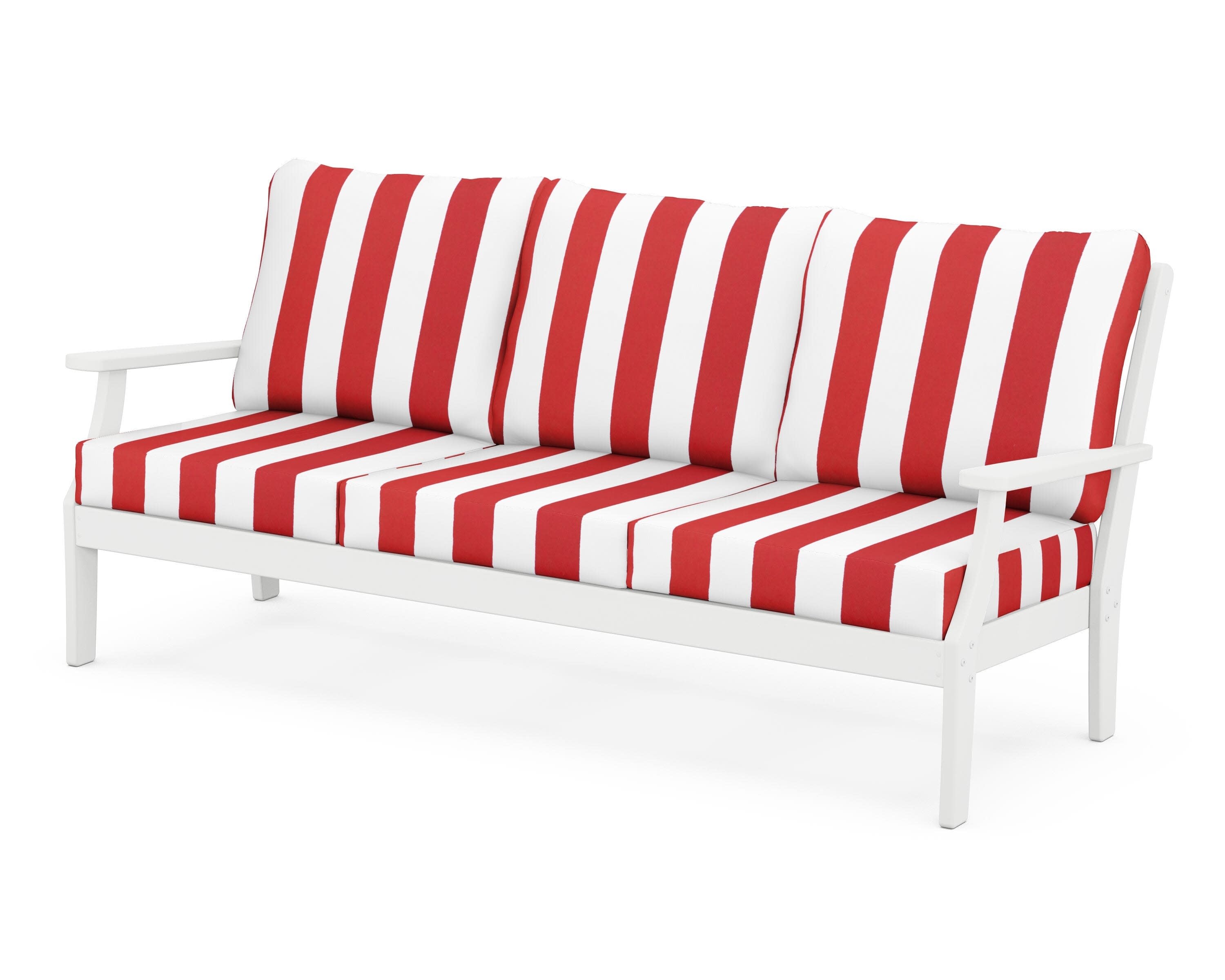 Yacht Club Deep Seating Sofa in Classic White / Cabana Stripe Crimson