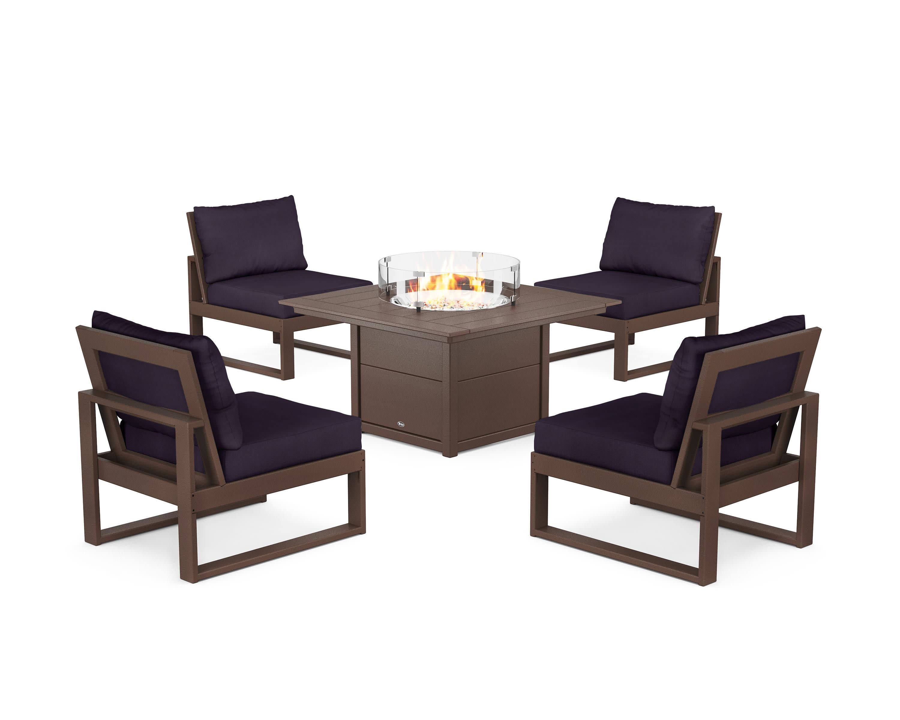 Eastport Modular 5-Piece Deep Seating Set with Square Fire Pit Table in Vintage Lantern / Navy Linen