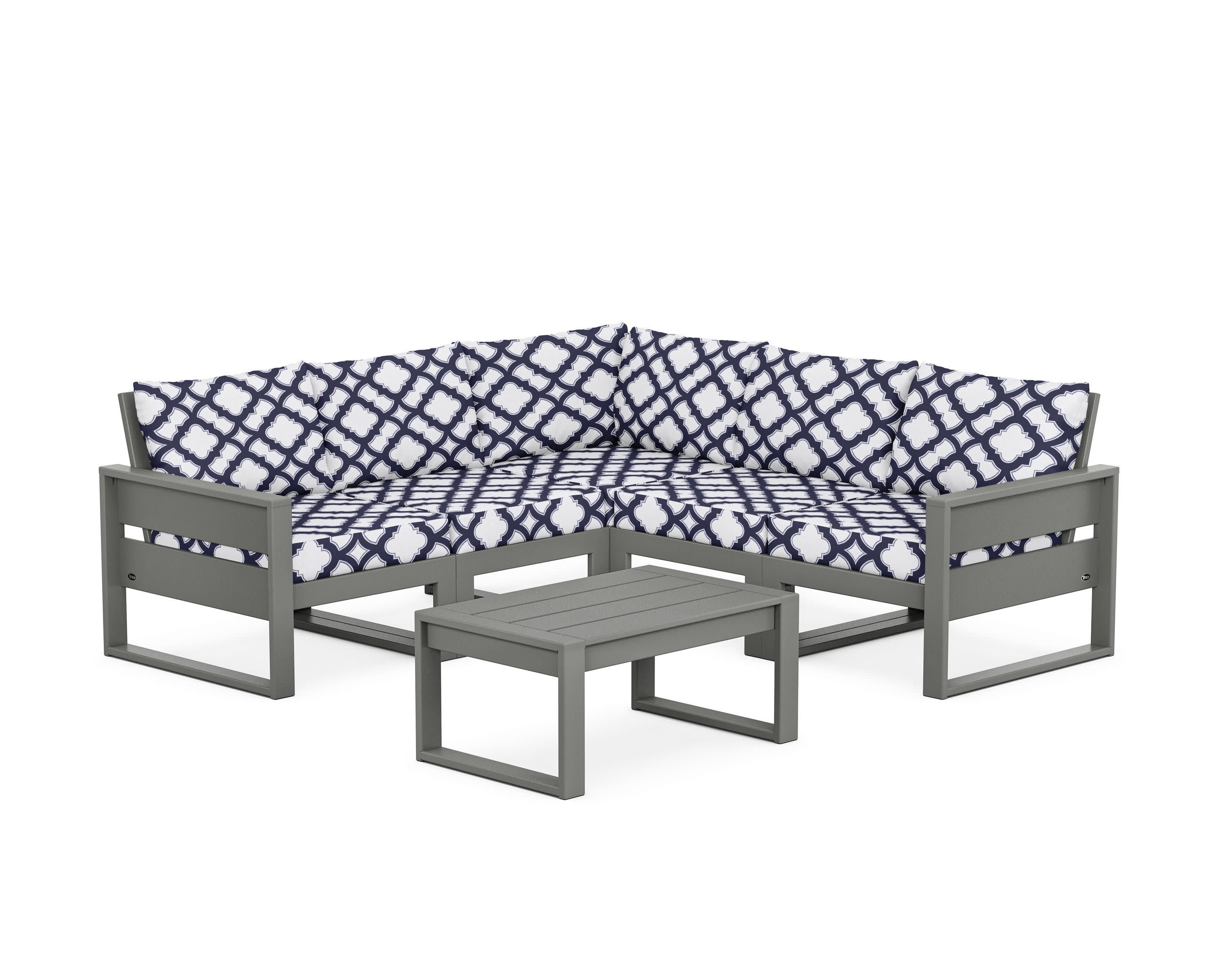 Eastport 6-Piece Deep Seating Sectional + Coffee Table Set in Stepping Stone / Trellis Navy