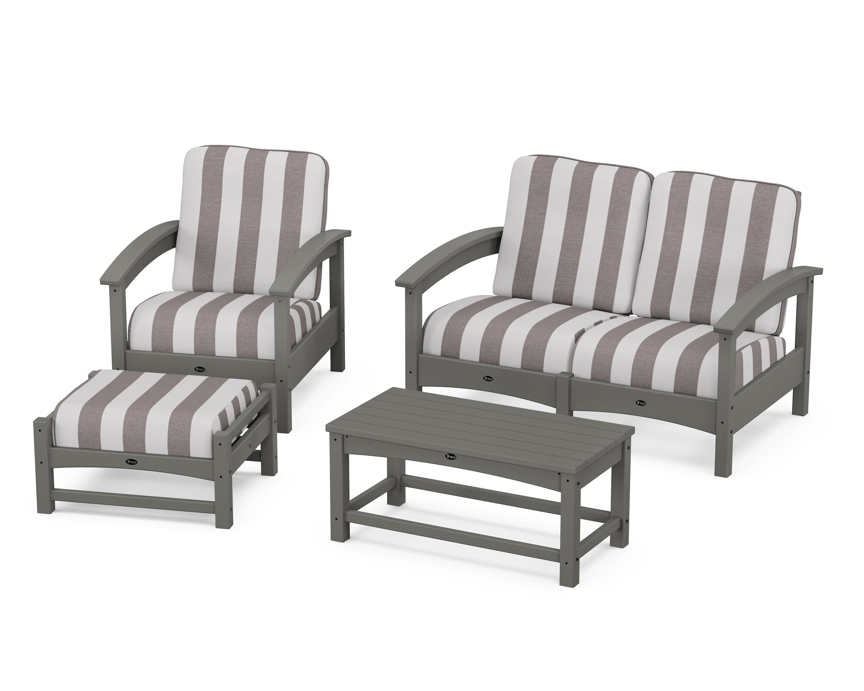 Rockport 4-Piece Deep Seating Conversation Group in Stepping Stone / Cabana Stripe Grey Mist