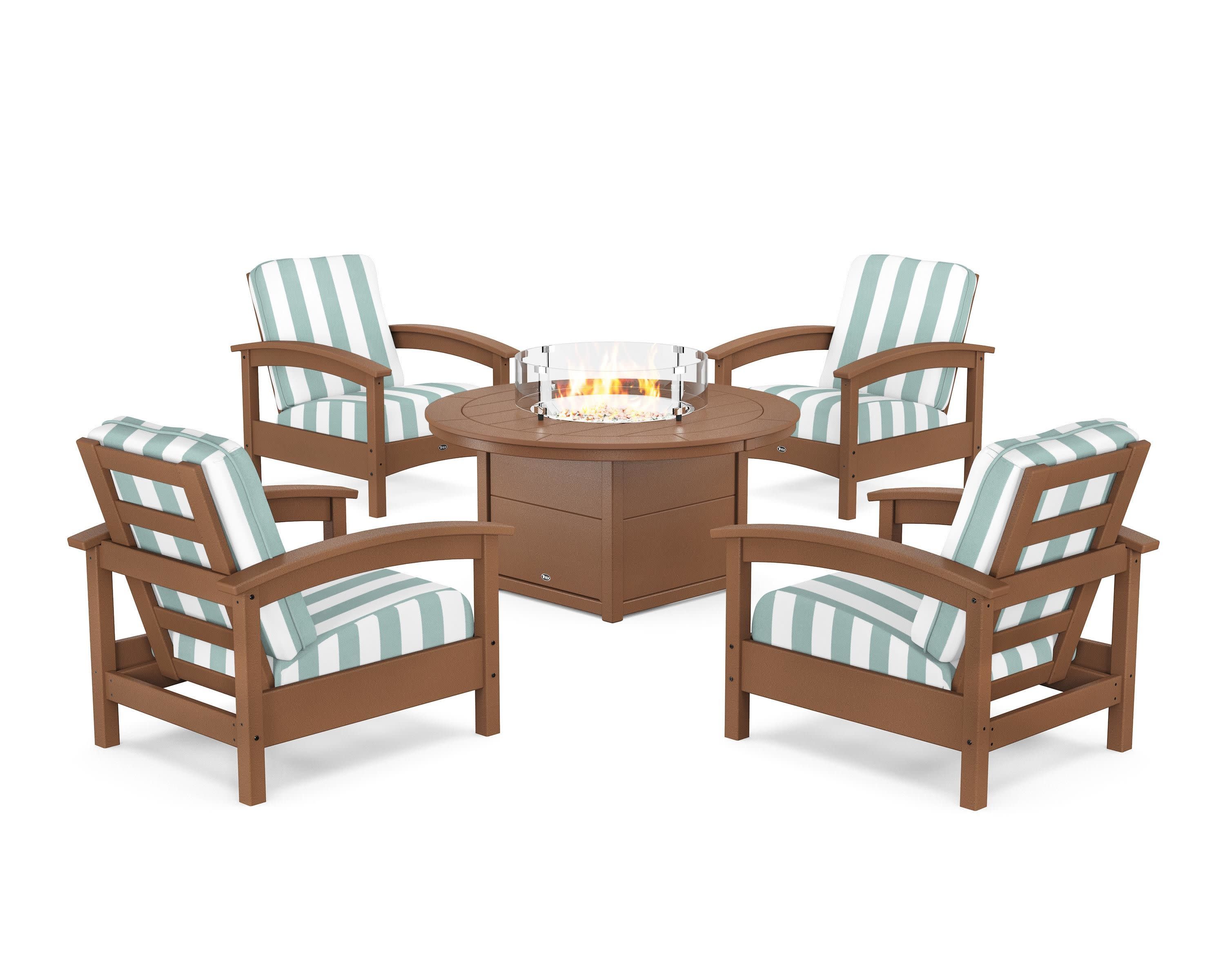 Rockport 5-Piece Deep Seating Set with Round Fire Pit Table in Tree House / Cabana Stripe Glacier Spa