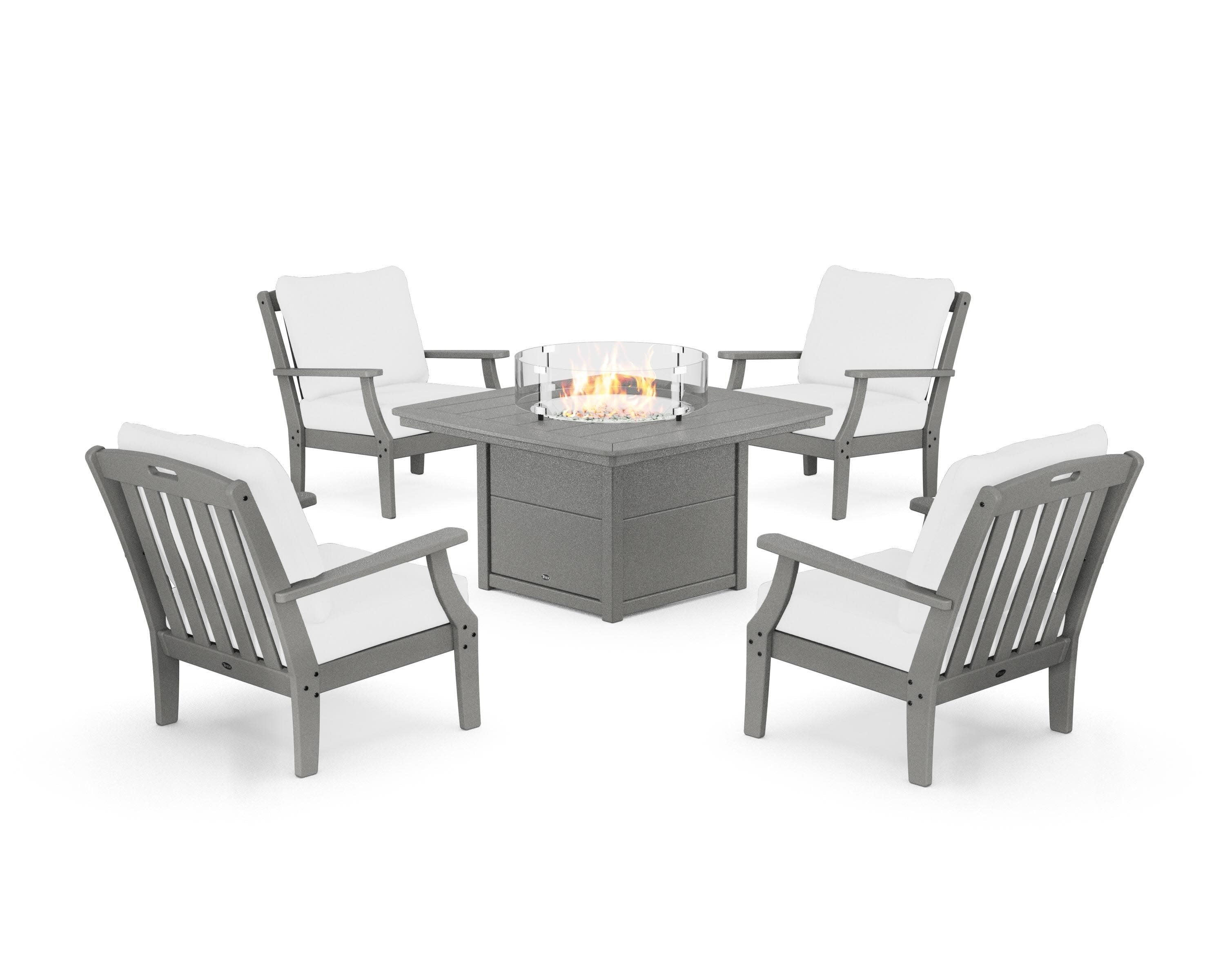 Yacht Club 5-Piece Deep Seating Set with Fire Pit Table in Stepping Stone / Natural
