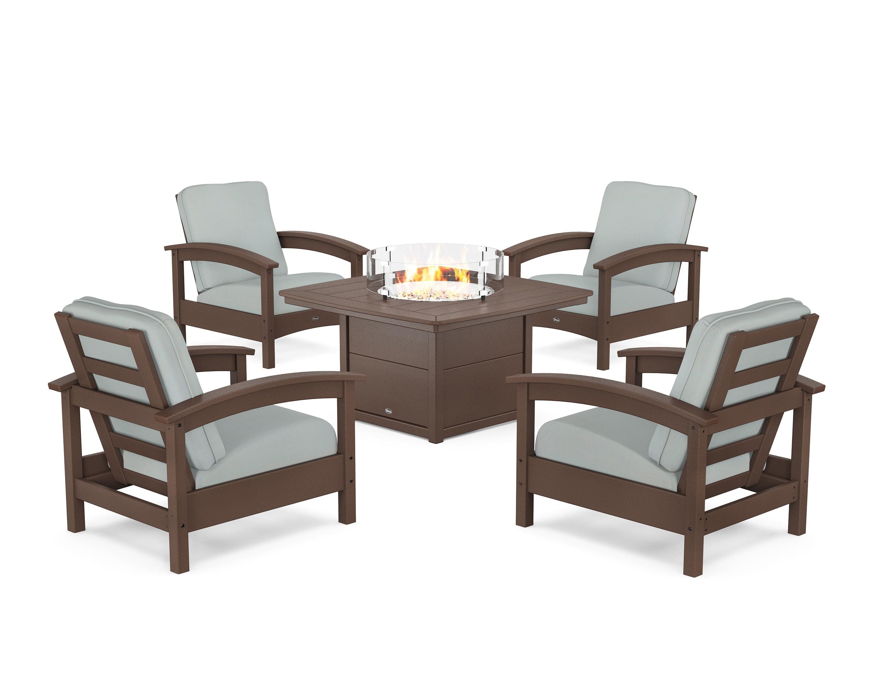 Rockport 5-Piece Deep Seating Set with Yacht Club Fire Pit Table in Vintage Lantern / Spa