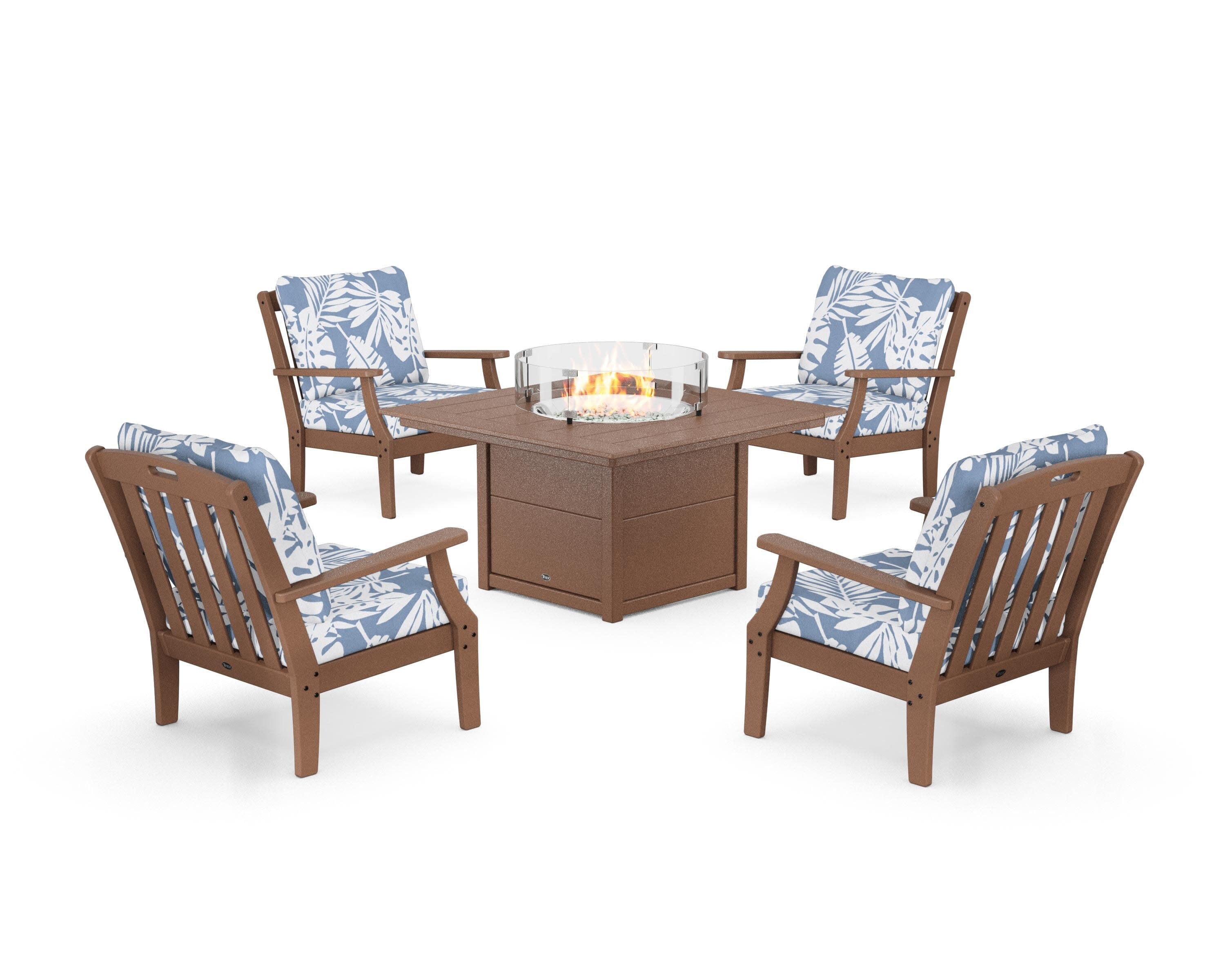 Yacht Club 5-Piece Deep Seating Set with Square Fire Pit Table in Tree House / Leaf Sky Blue