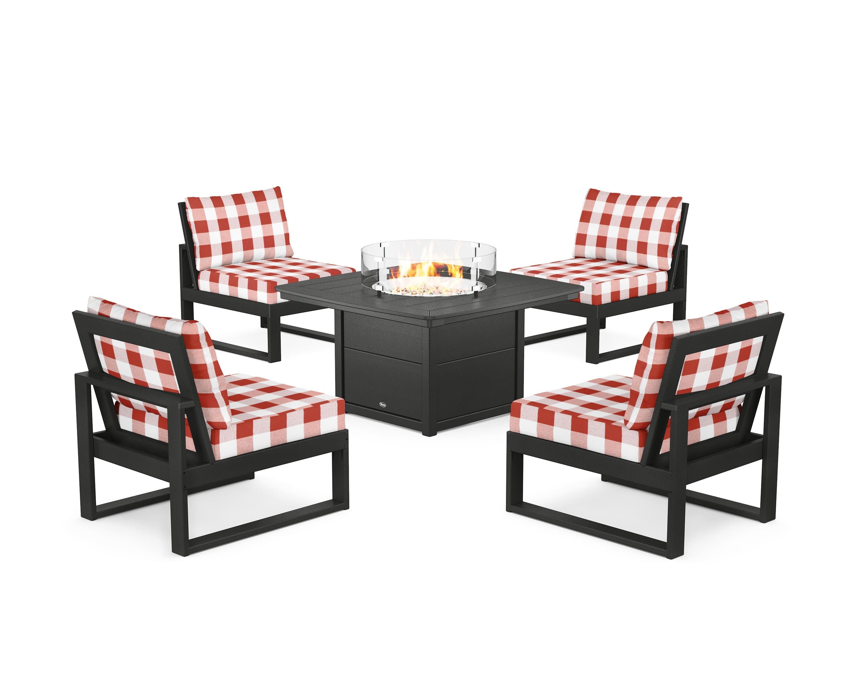 Eastport Modular 5-Piece Deep Seating Set with Yacht Club Fire Pit Table in Charcoal Black / Buffalo Plaid Crimson