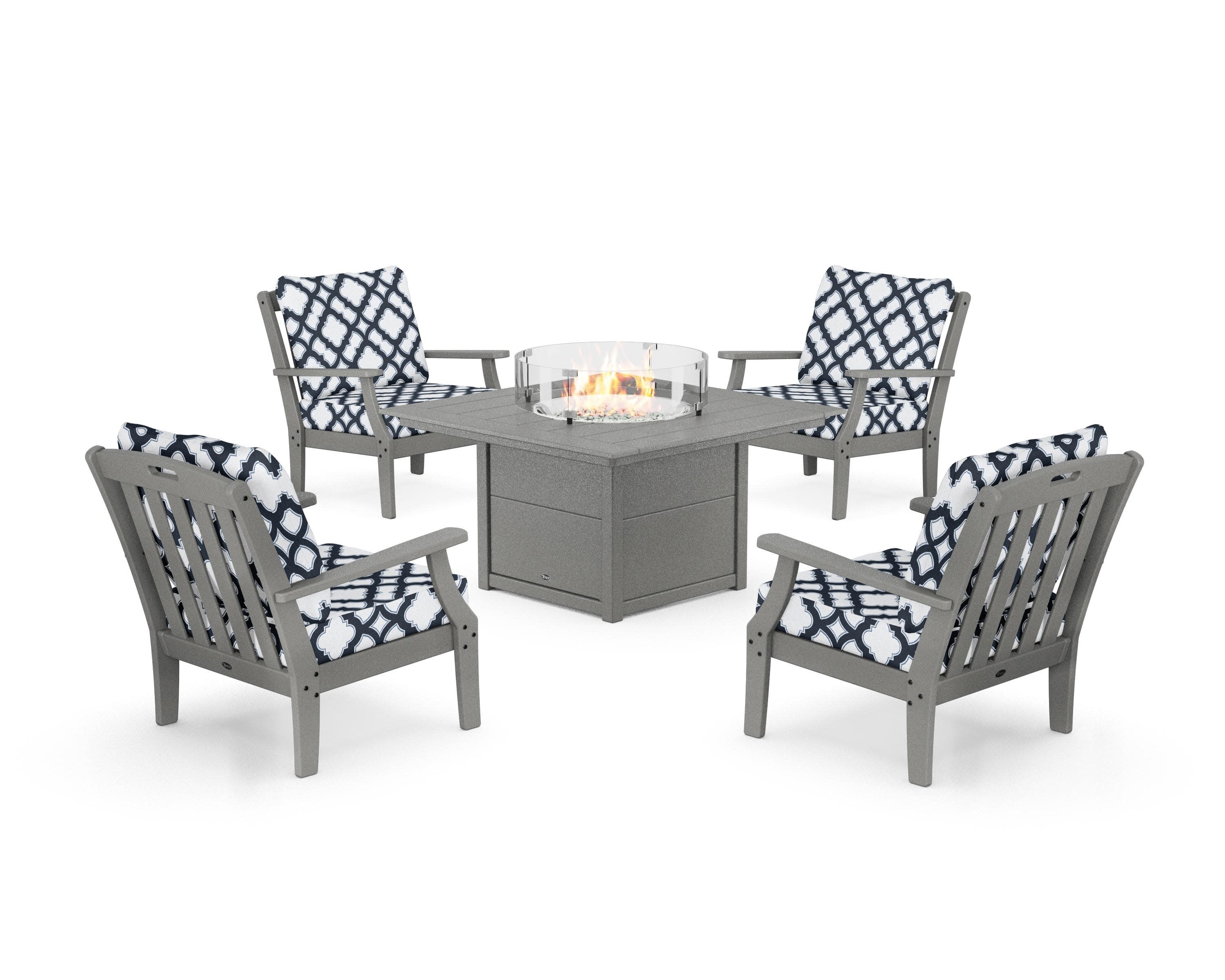 Yacht Club 5-Piece Deep Seating Set with Square Fire Pit Table in Stepping Stone / Trellis Marine Indigo