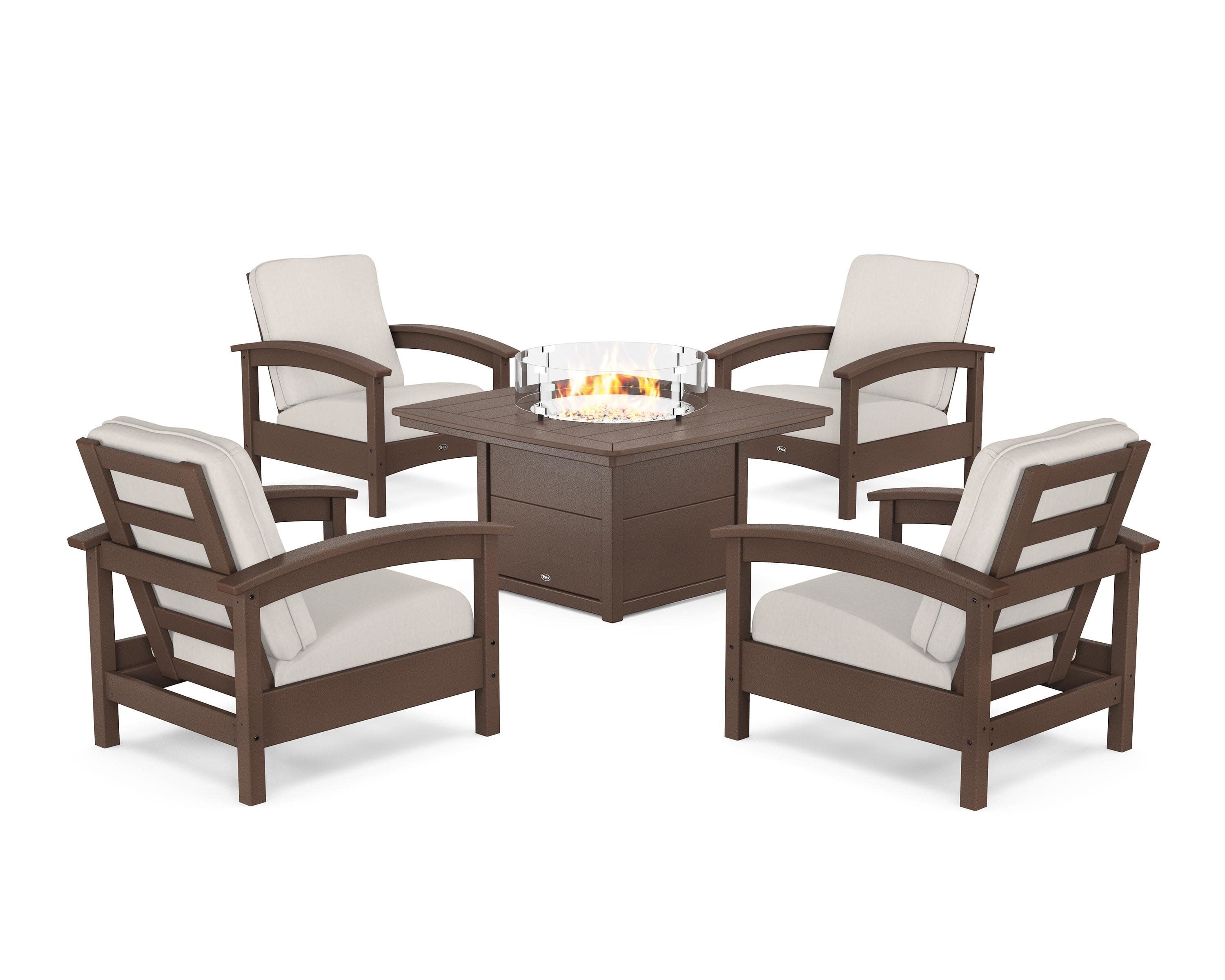 Rockport 5-Piece Deep Seating Set with Yacht Club Fire Pit Table in Vintage Lantern / Cast Ash