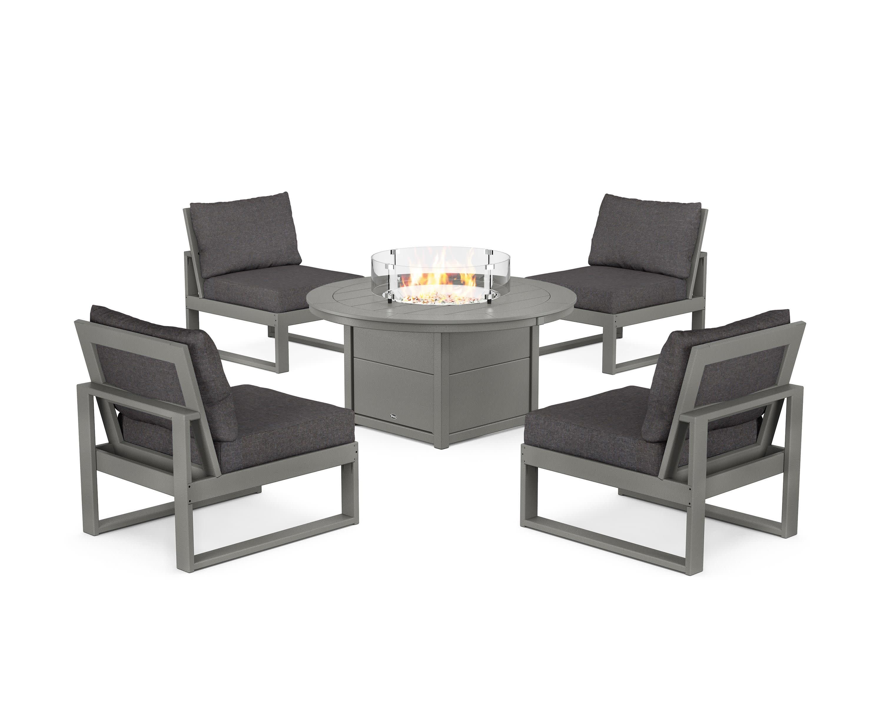 Eastport Modular 5-Piece Deep Seating Set with Round Fire Pit Table in Stepping Stone / Ash Charcoal