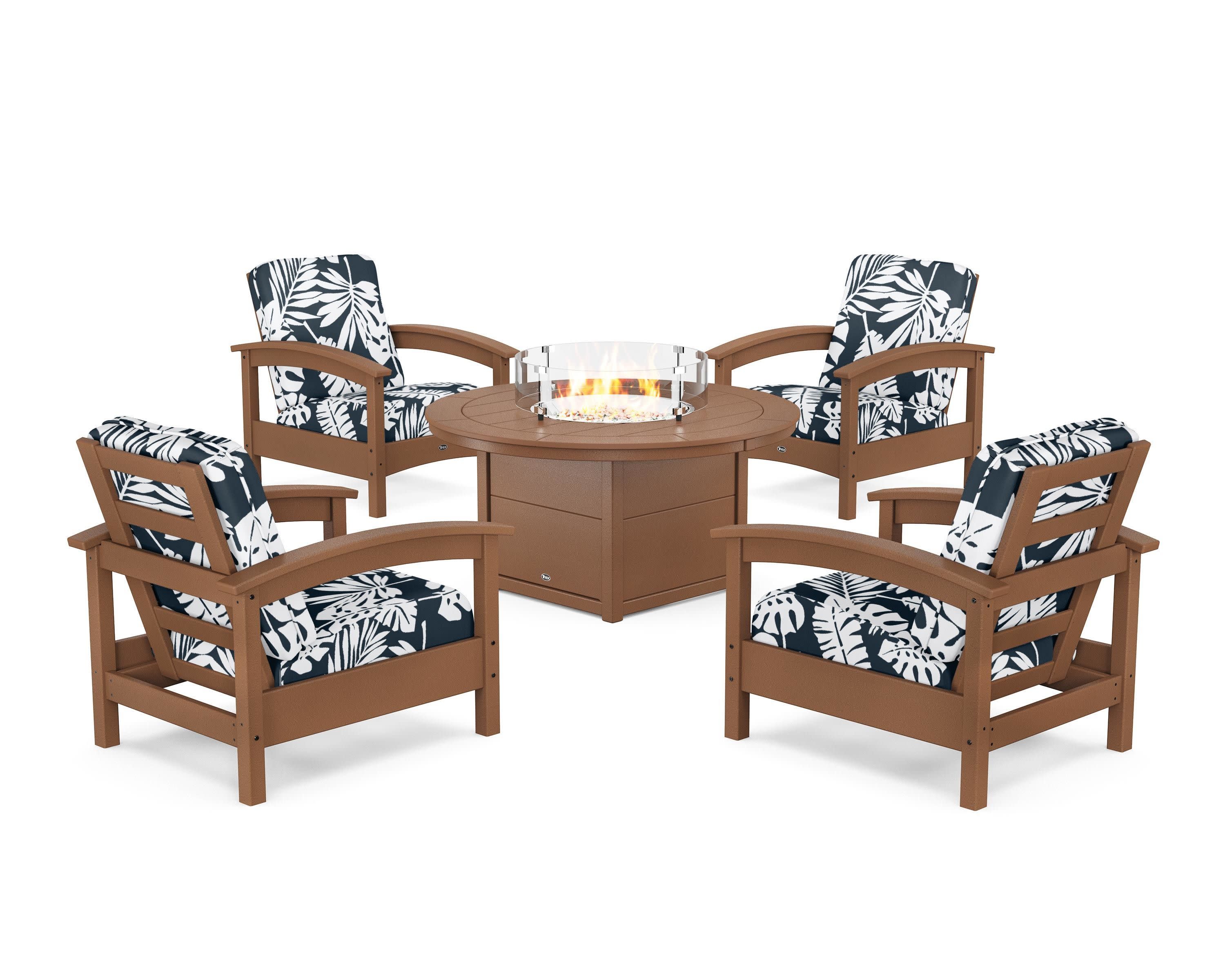 Rockport 5-Piece Deep Seating Set with Round Fire Pit Table in Tree House / Leaf Marine Indigo