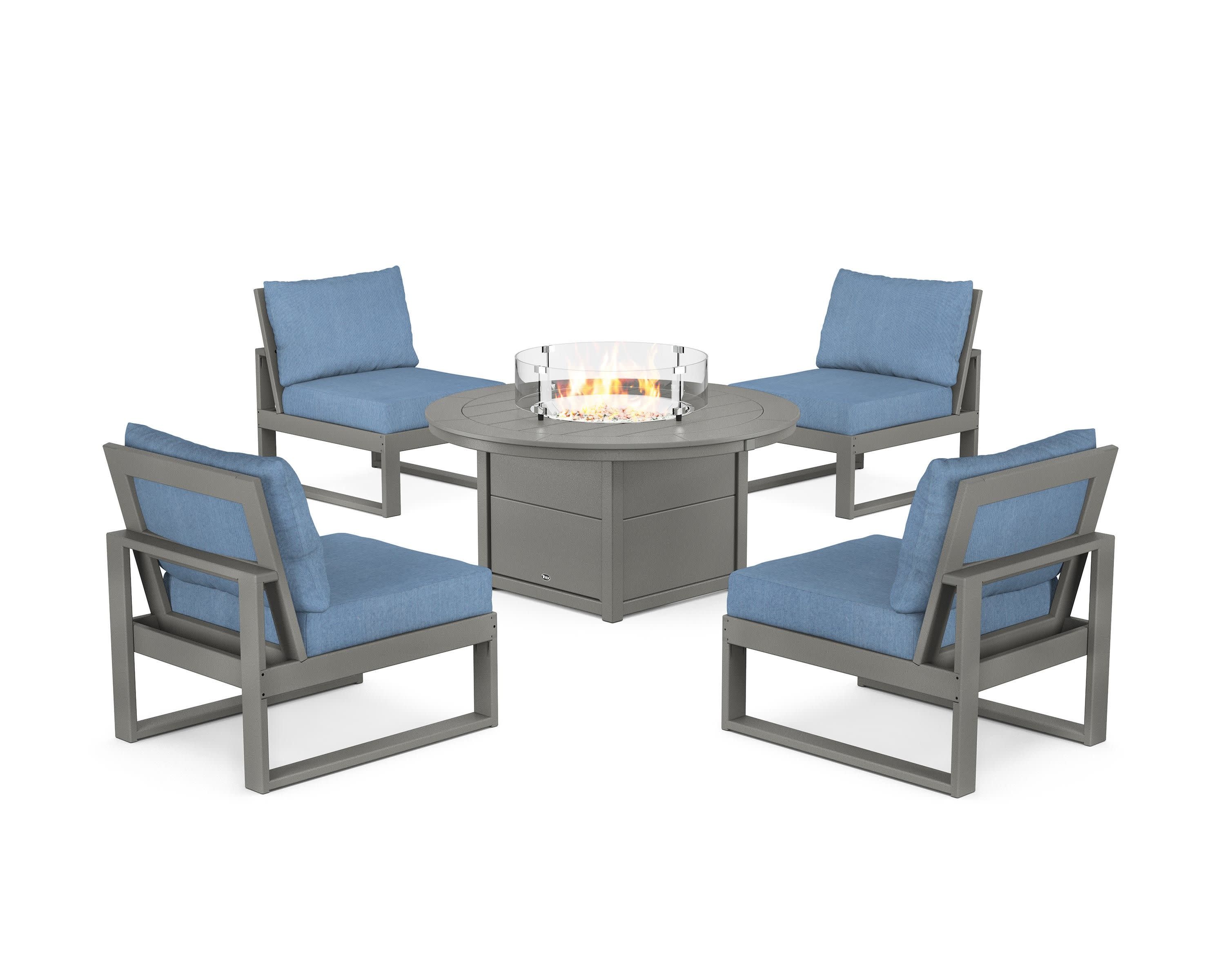 Eastport Modular 5-Piece Deep Seating Set with Round Fire Pit Table in Stepping Stone / Sky Blue