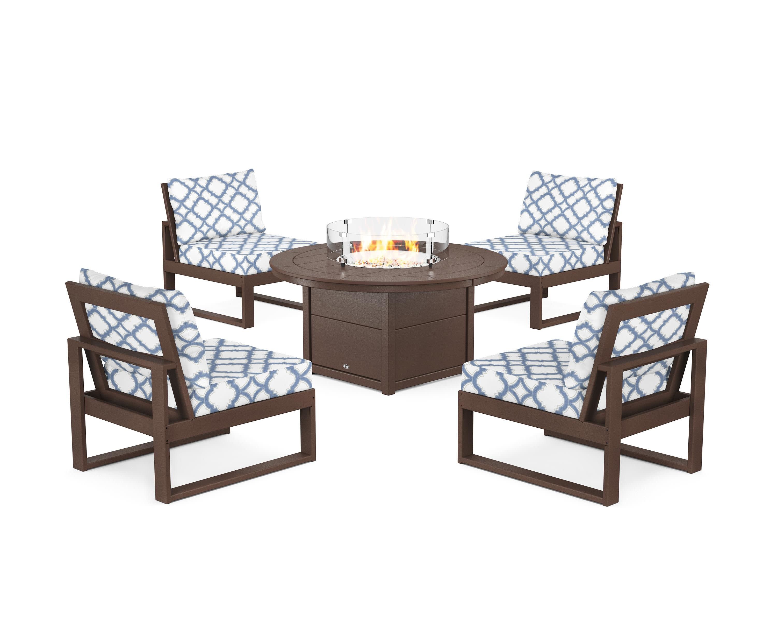 Eastport Modular 5-Piece Deep Seating Set with Round Fire Pit Table in Vintage Lantern / Trellis Sky Blue