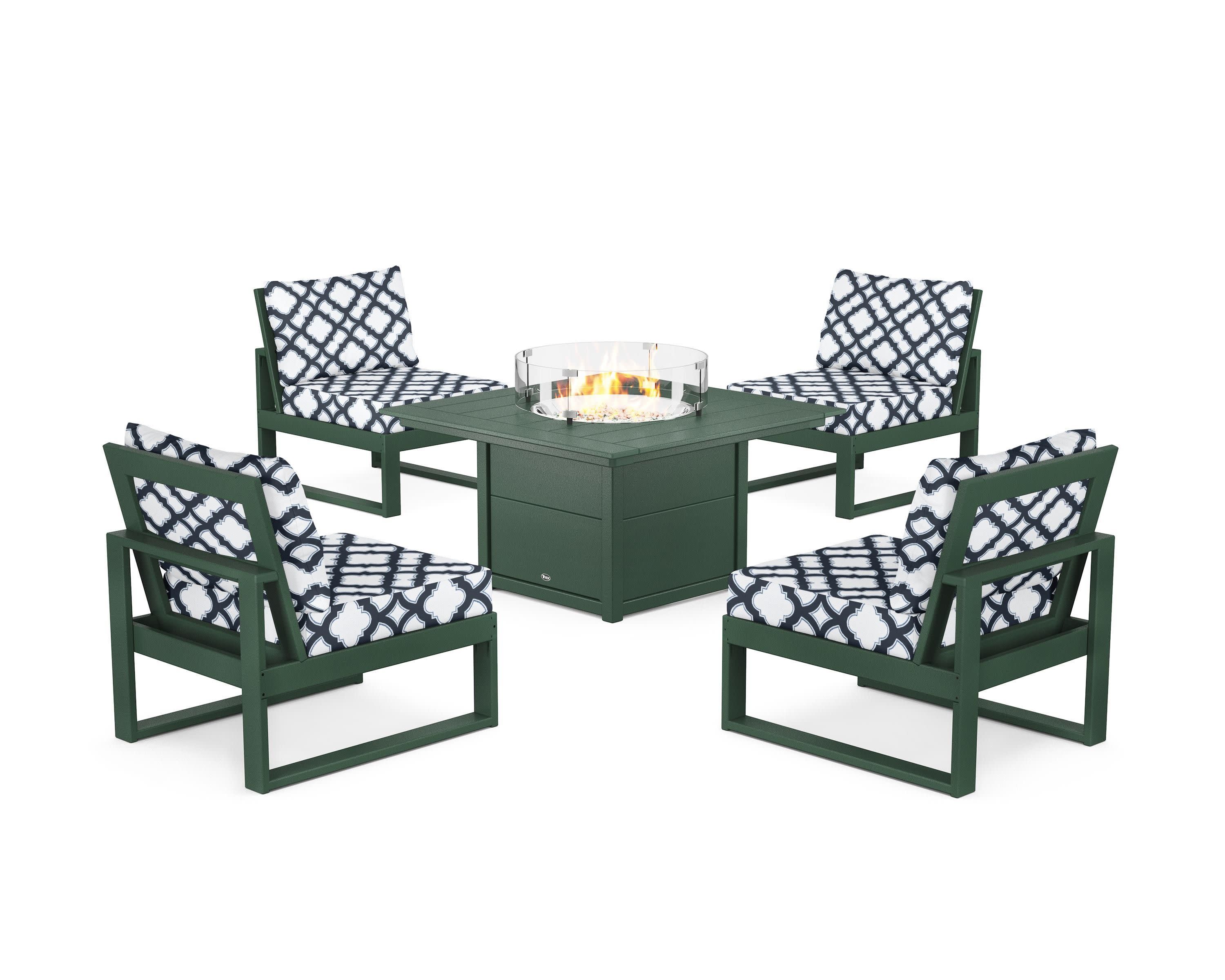 Eastport Modular 5-Piece Deep Seating Set with Square Fire Pit Table in Rainforest Canopy / Trellis Marine Indigo