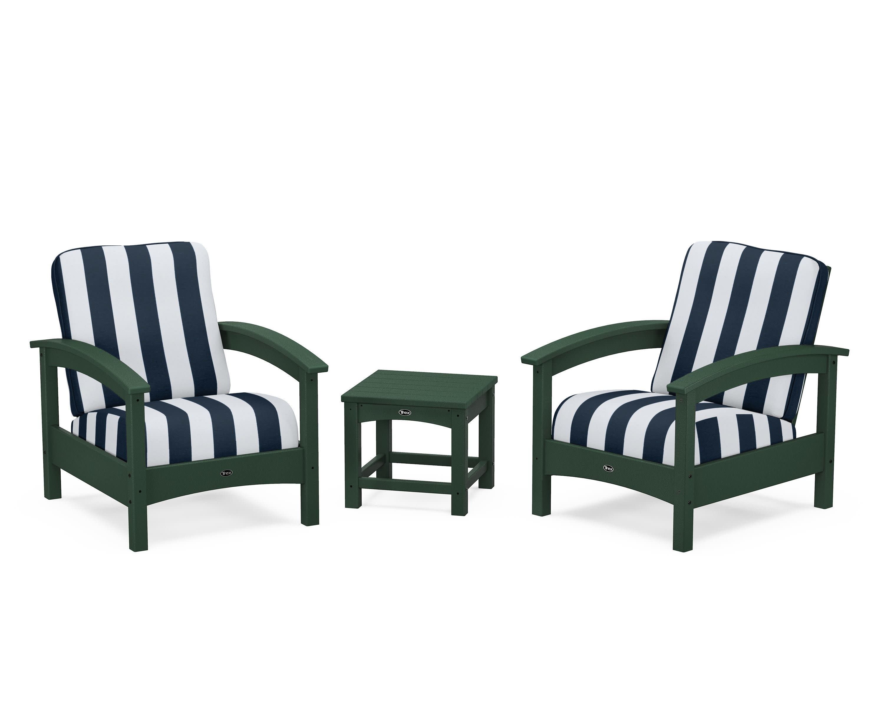 Rockport Club 3-Piece Deep Seating Conversation Set in Rainforest Canopy / Cabana Stripe Marine Indigo