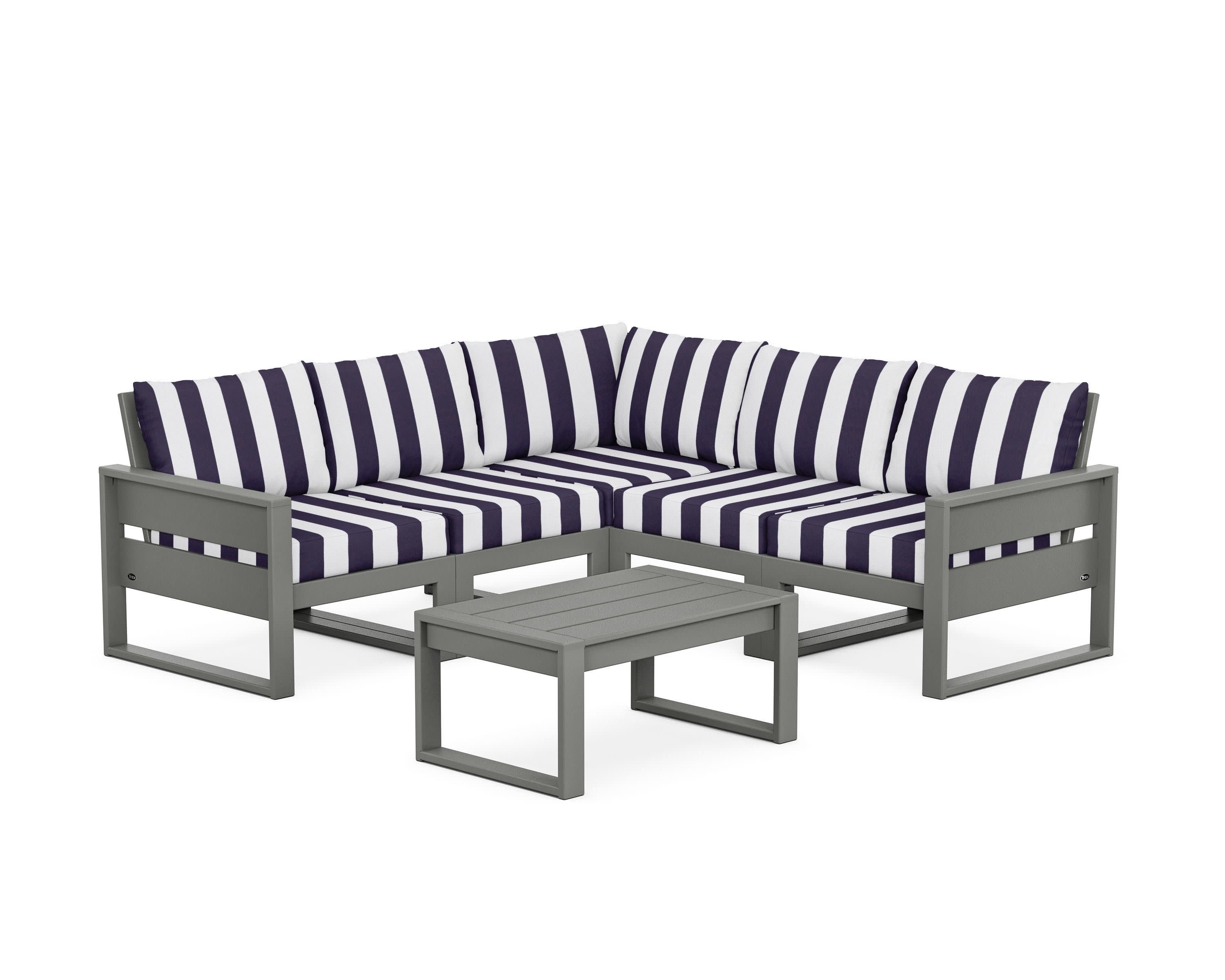 Eastport 6-Piece Deep Seating Sectional + Coffee Table Set in Stepping Stone / Cabana Stripe Navy