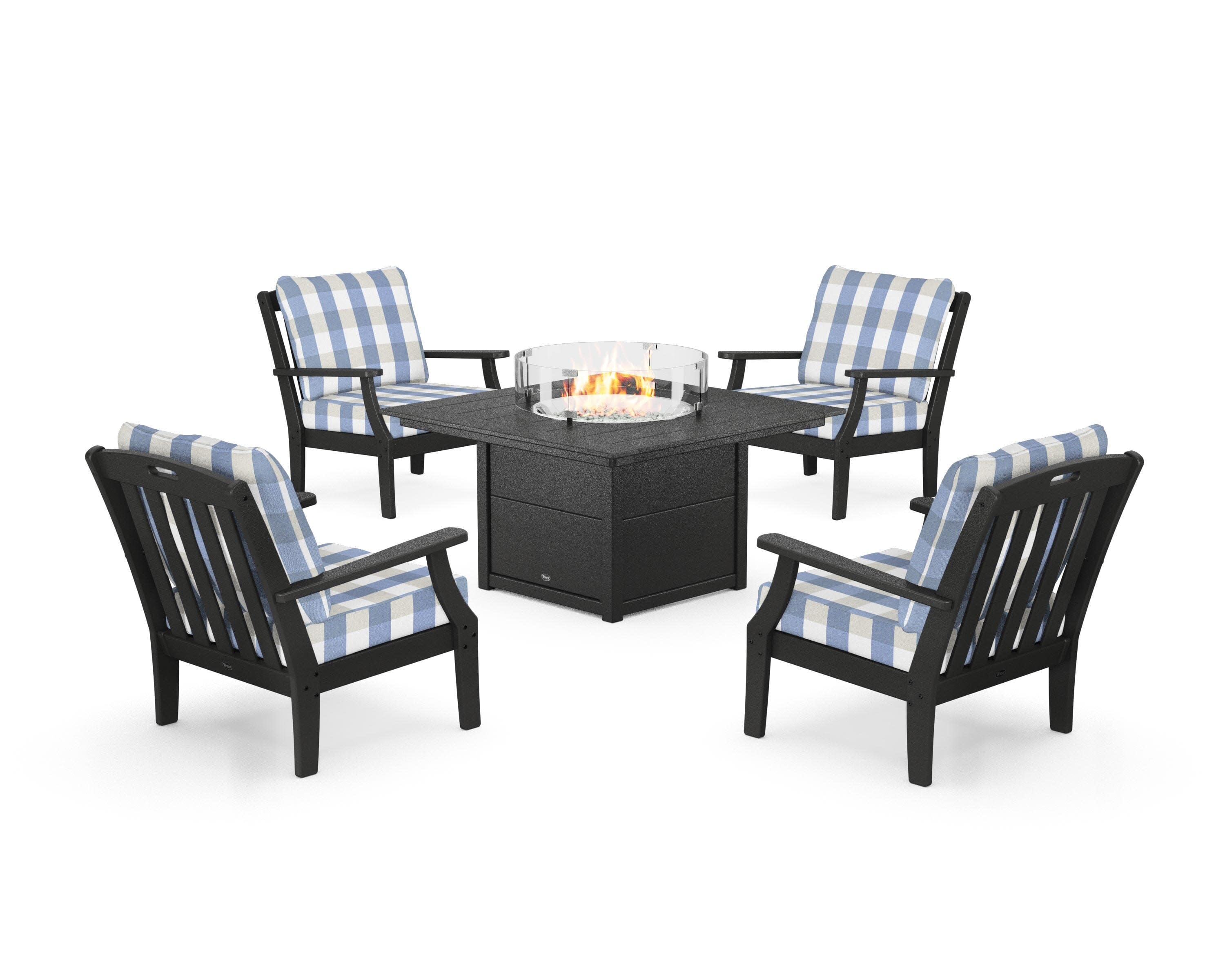 Yacht Club 5-Piece Deep Seating Set with Square Fire Pit Table in Charcoal Black / Buffalo Plaid Sky Blue