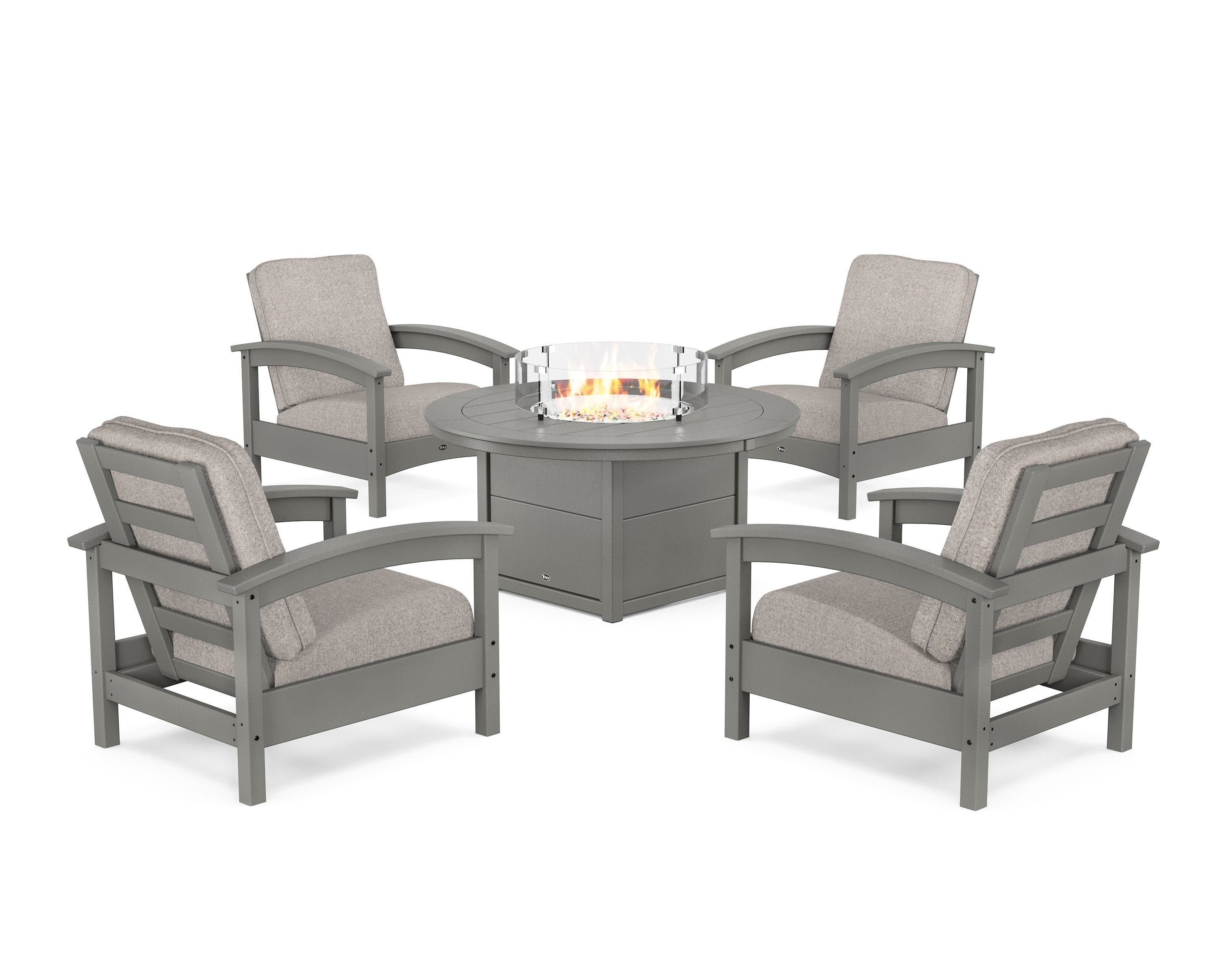 Rockport 5-Piece Deep Seating Set with Round Fire Pit Table in Stepping Stone / Weathered Tweed