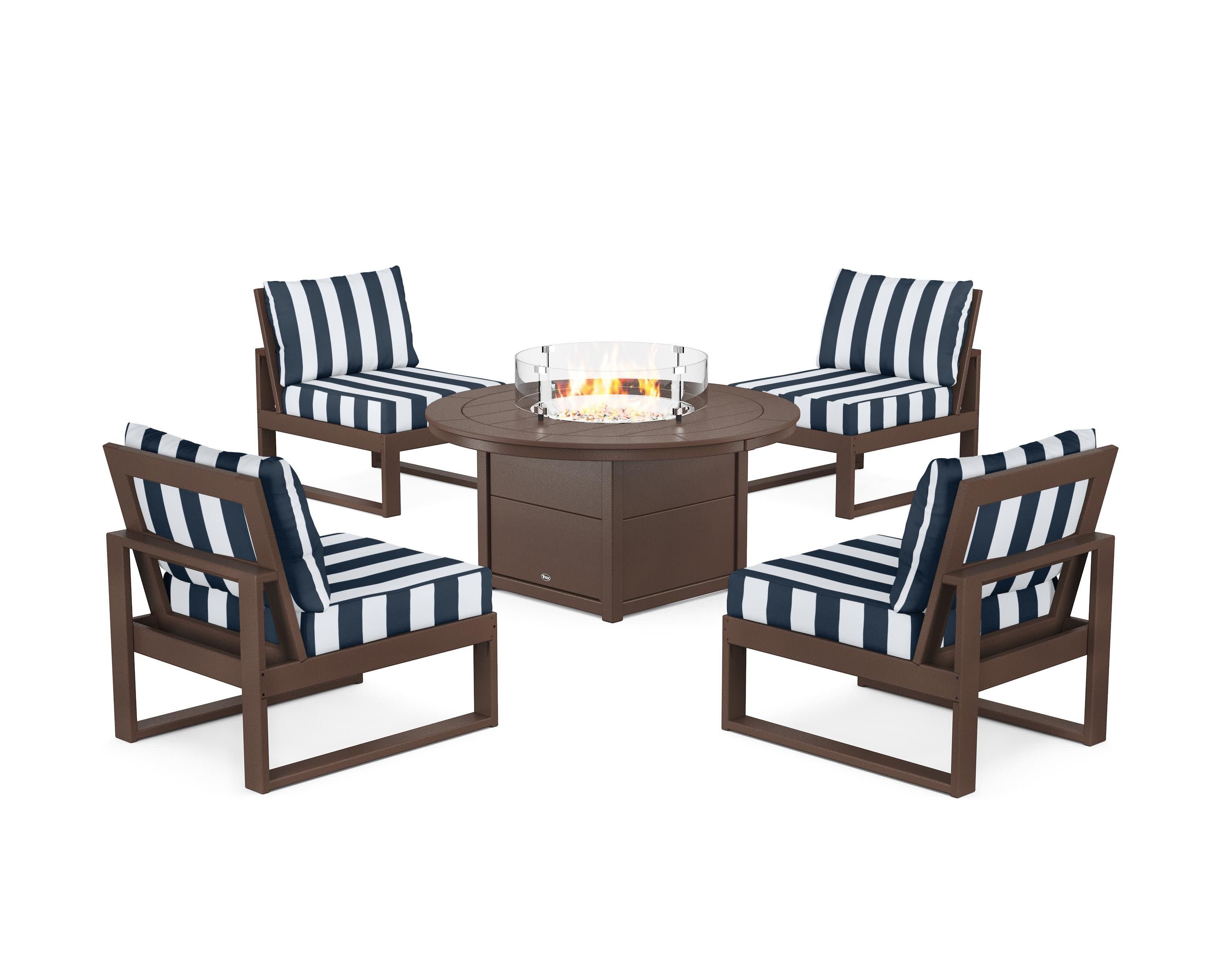 Eastport Modular 5-Piece Deep Seating Set with Round Fire Pit Table in Vintage Lantern / Cabana Stripe Marine Indigo
