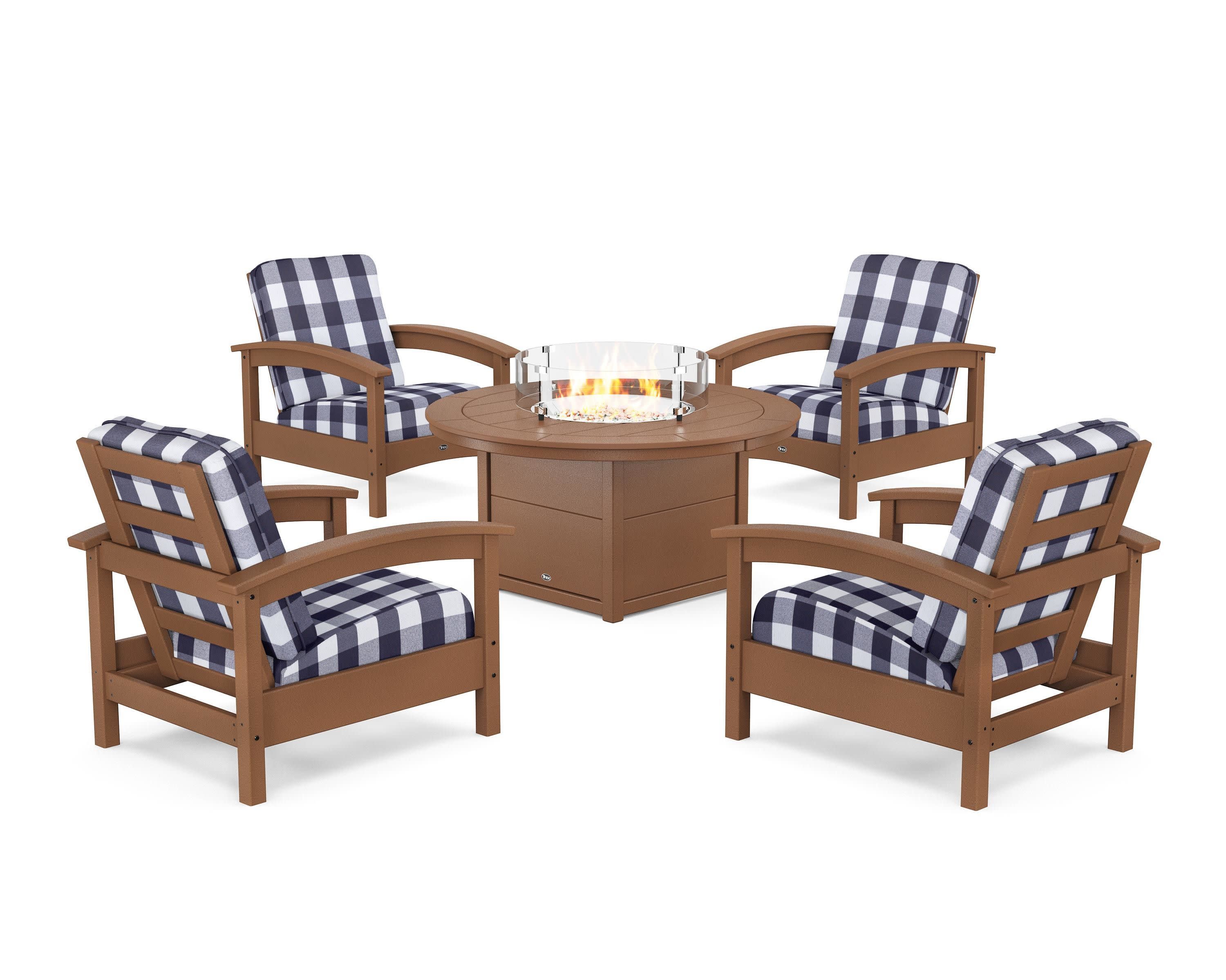 Rockport 5-Piece Deep Seating Set with Round Fire Pit Table in Tree House / Buffalo Plaid Navy