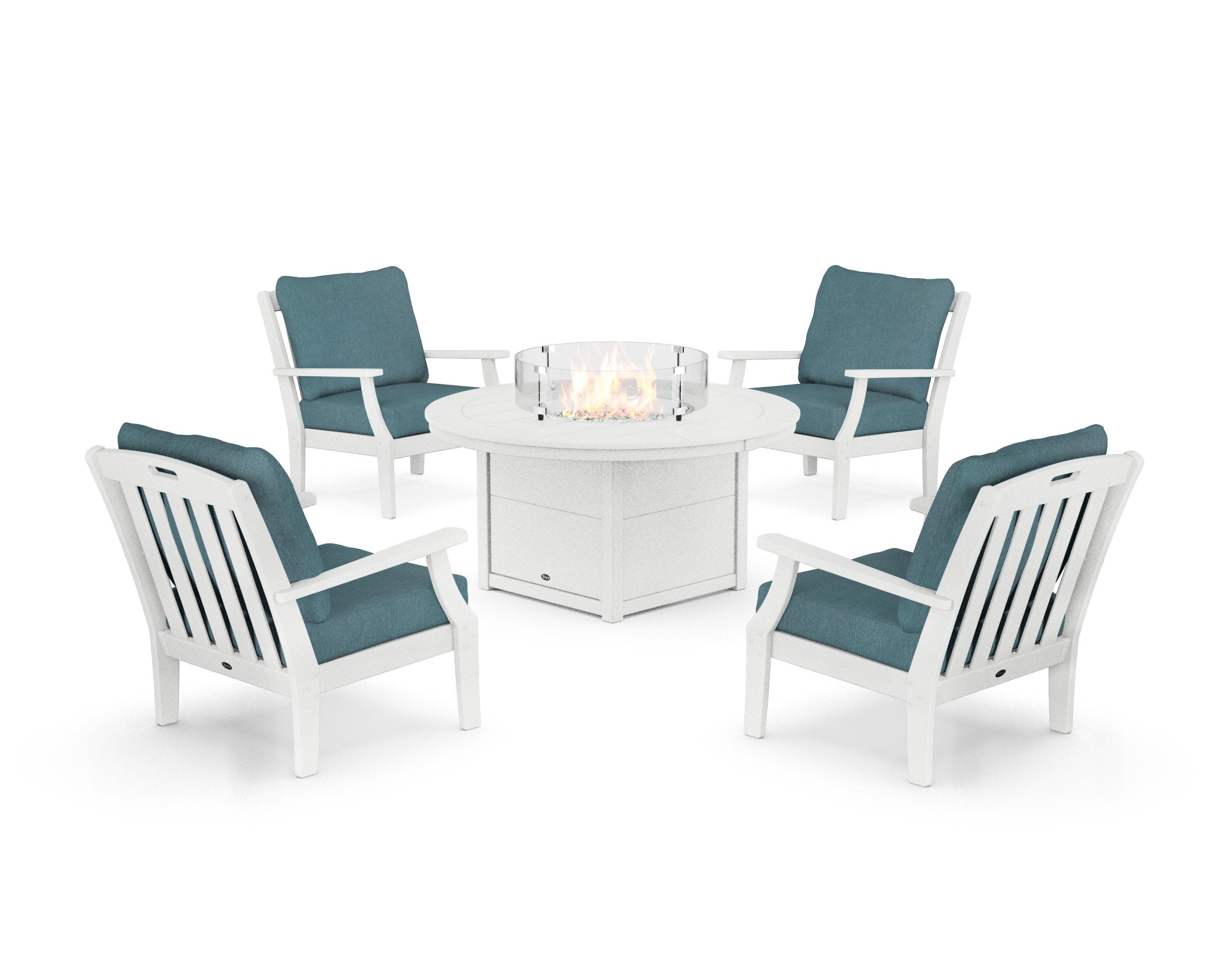 Yacht Club 5-Piece Deep Seating Set with Round Fire Pit Table in Classic White / Ocean Teal