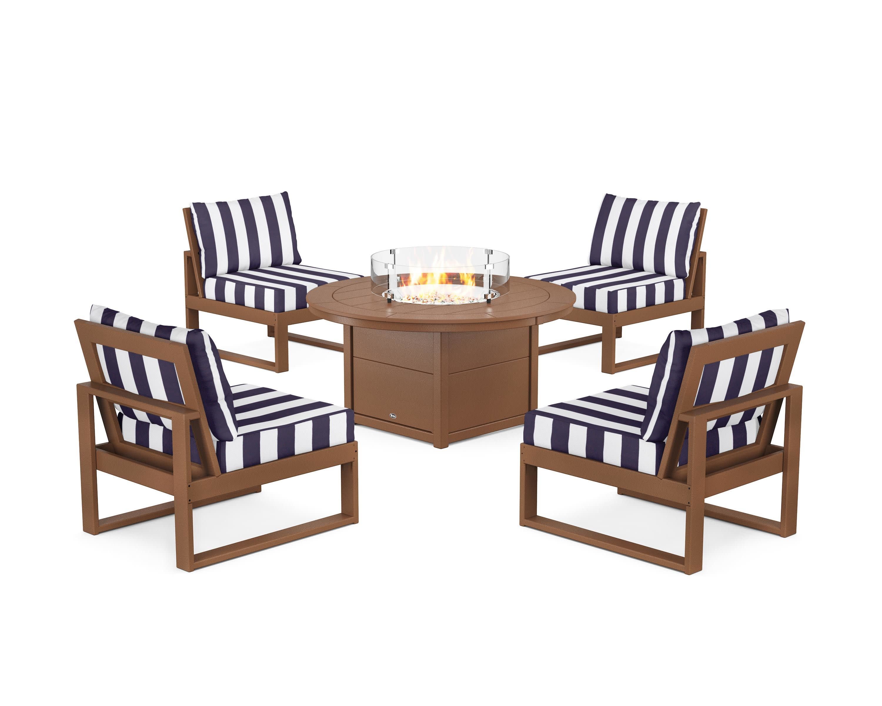 Eastport Modular 5-Piece Deep Seating Set with Round Fire Pit Table in Tree House / Cabana Stripe Navy