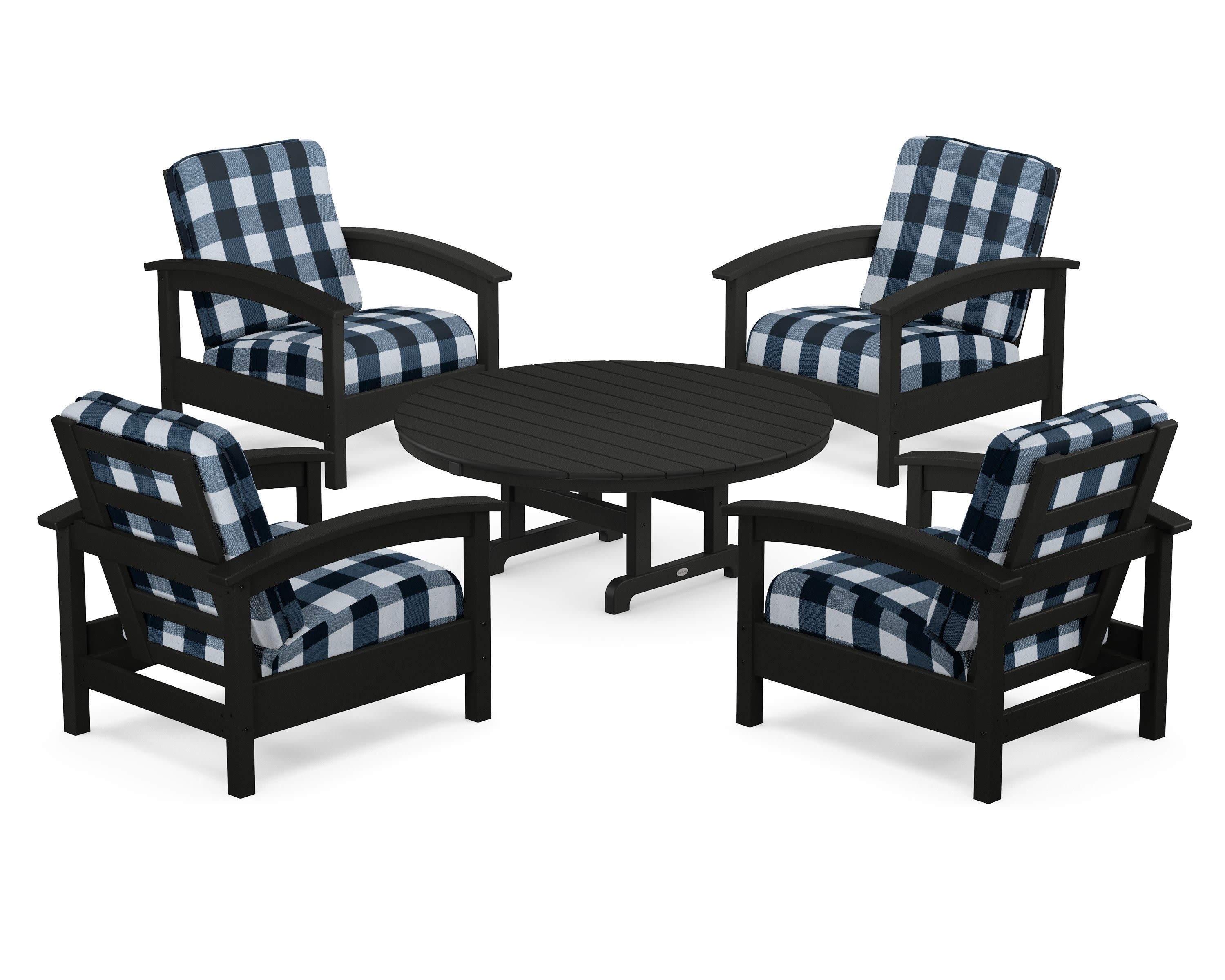Rockport 5-Piece Deep Seating Set in Charcoal Black / Buffalo Plaid Marine Indigo