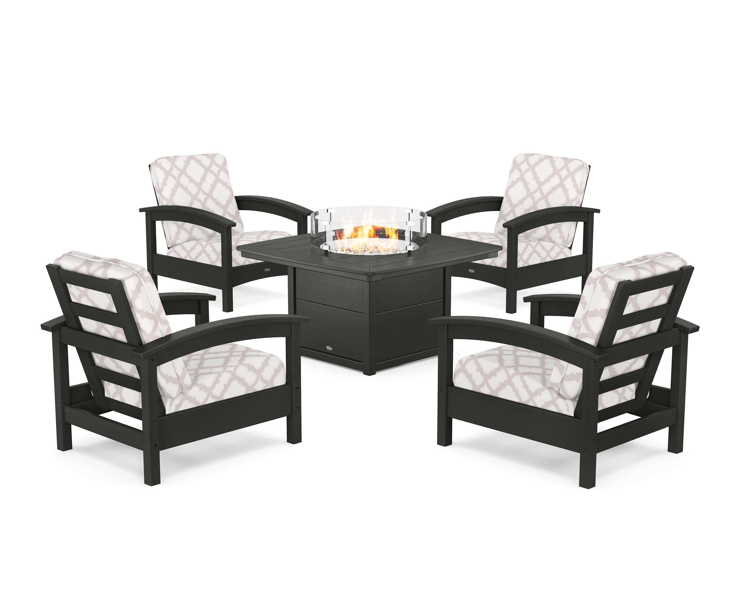 Rockport 5-Piece Deep Seating Set with Yacht Club Fire Pit Table in Charcoal Black / Trellis Dune Burlap