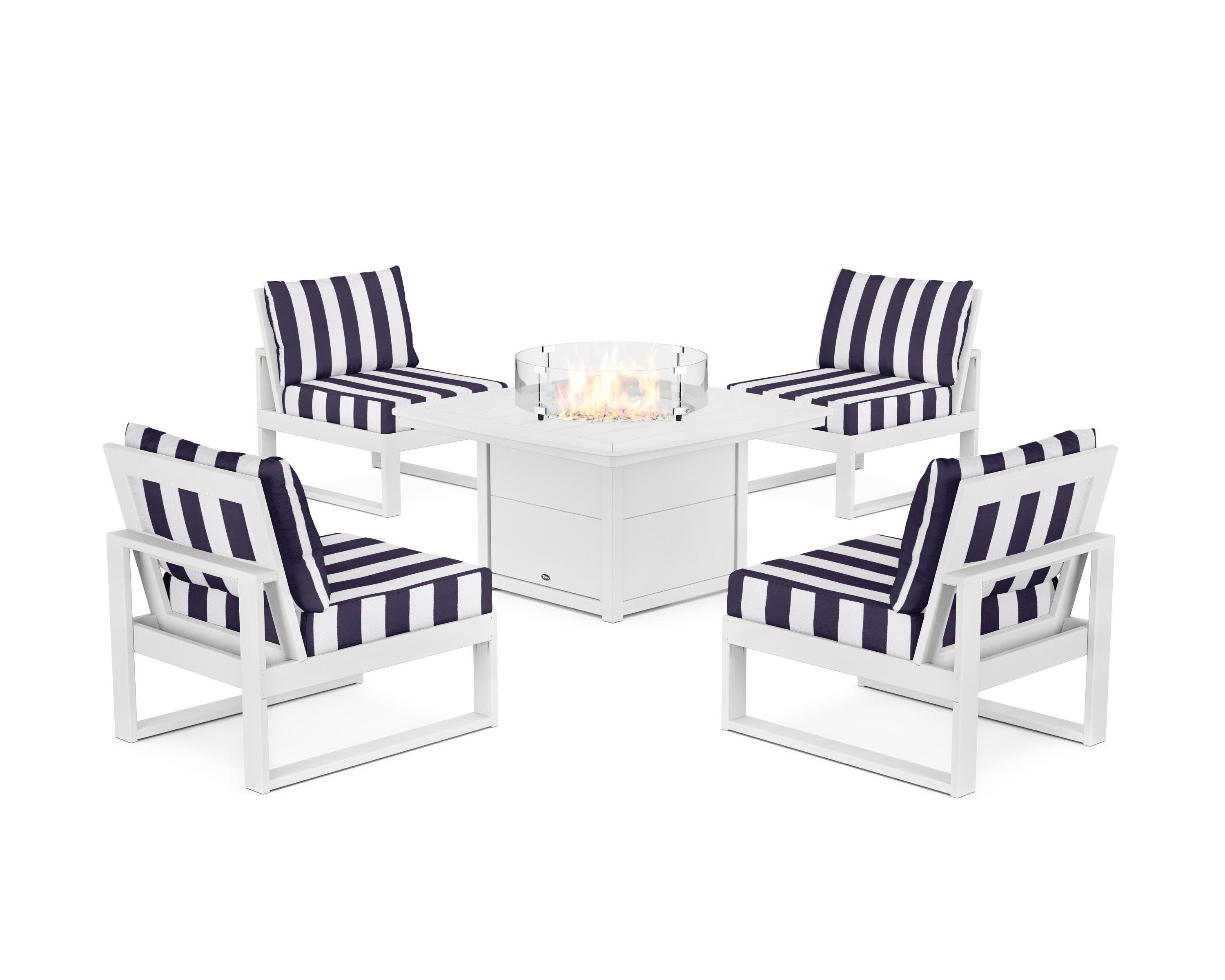 Eastport Modular 5-Piece Deep Seating Set with Yacht Club Fire Pit Table in Classic White / Cabana Stripe Navy