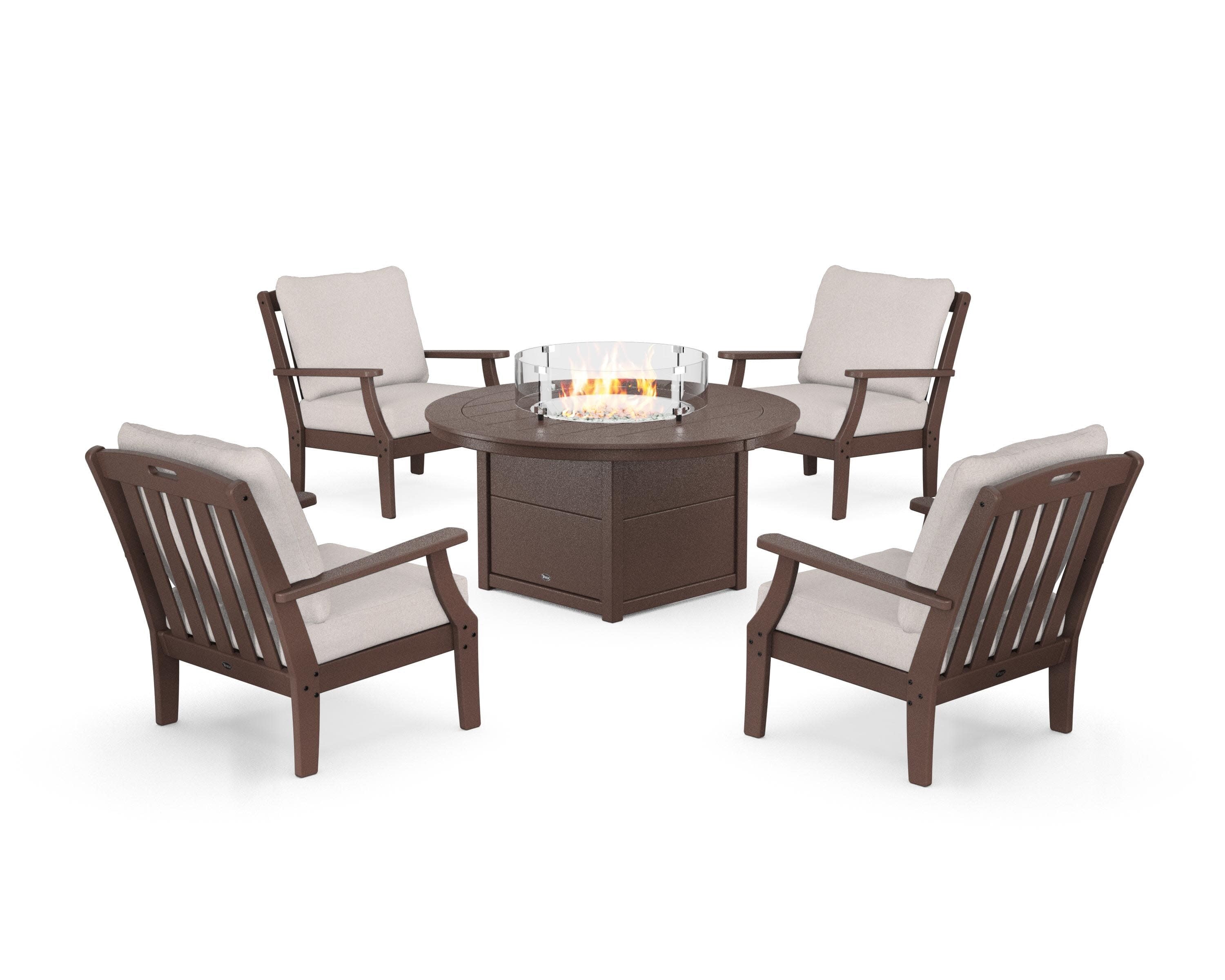 Yacht Club 5-Piece Deep Seating Set with Round Fire Pit Table in Vintage Lantern / Dune Burlap