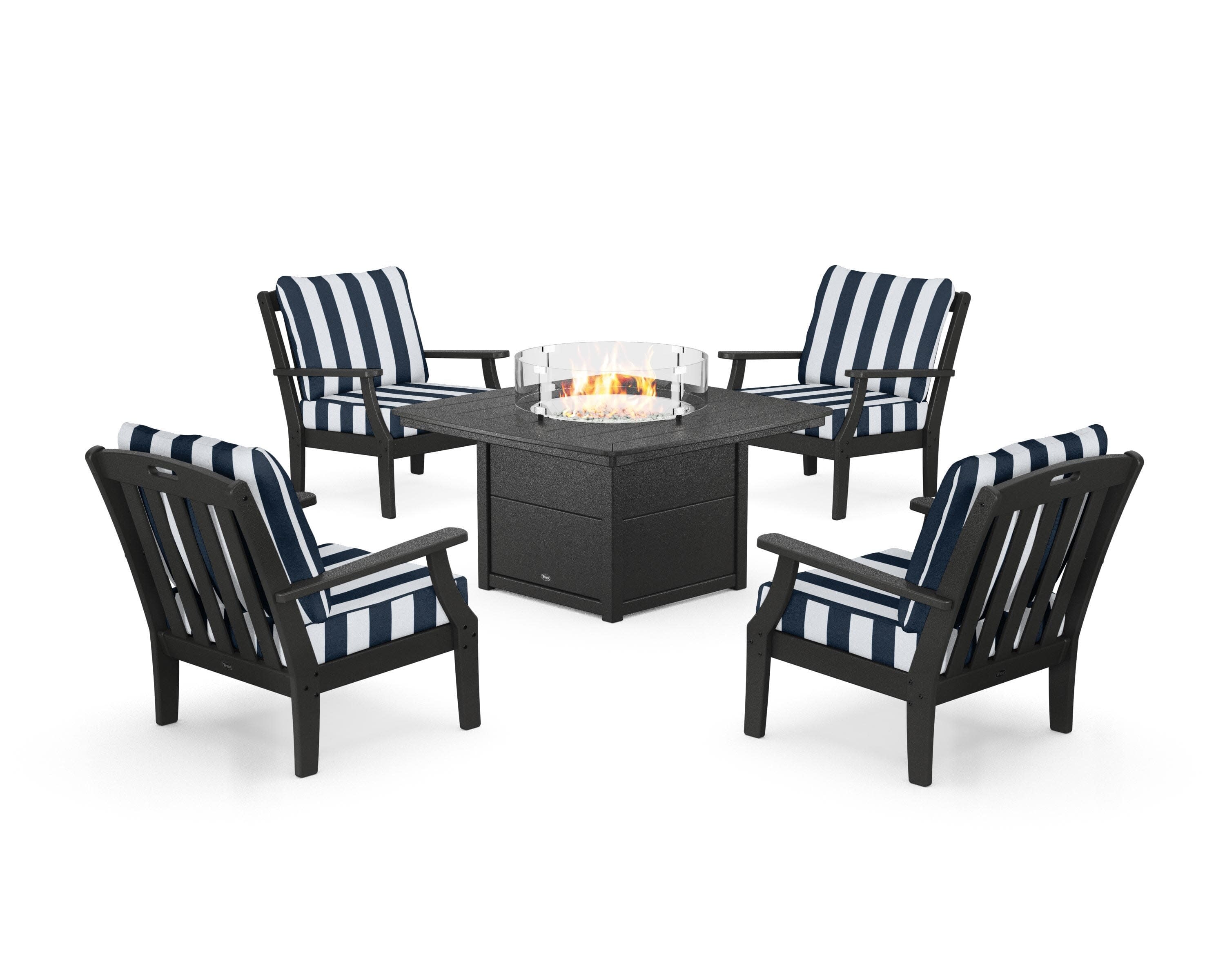 Yacht Club 5-Piece Deep Seating Set with Fire Pit Table in Charcoal Black / Cabana Stripe Marine Indigo