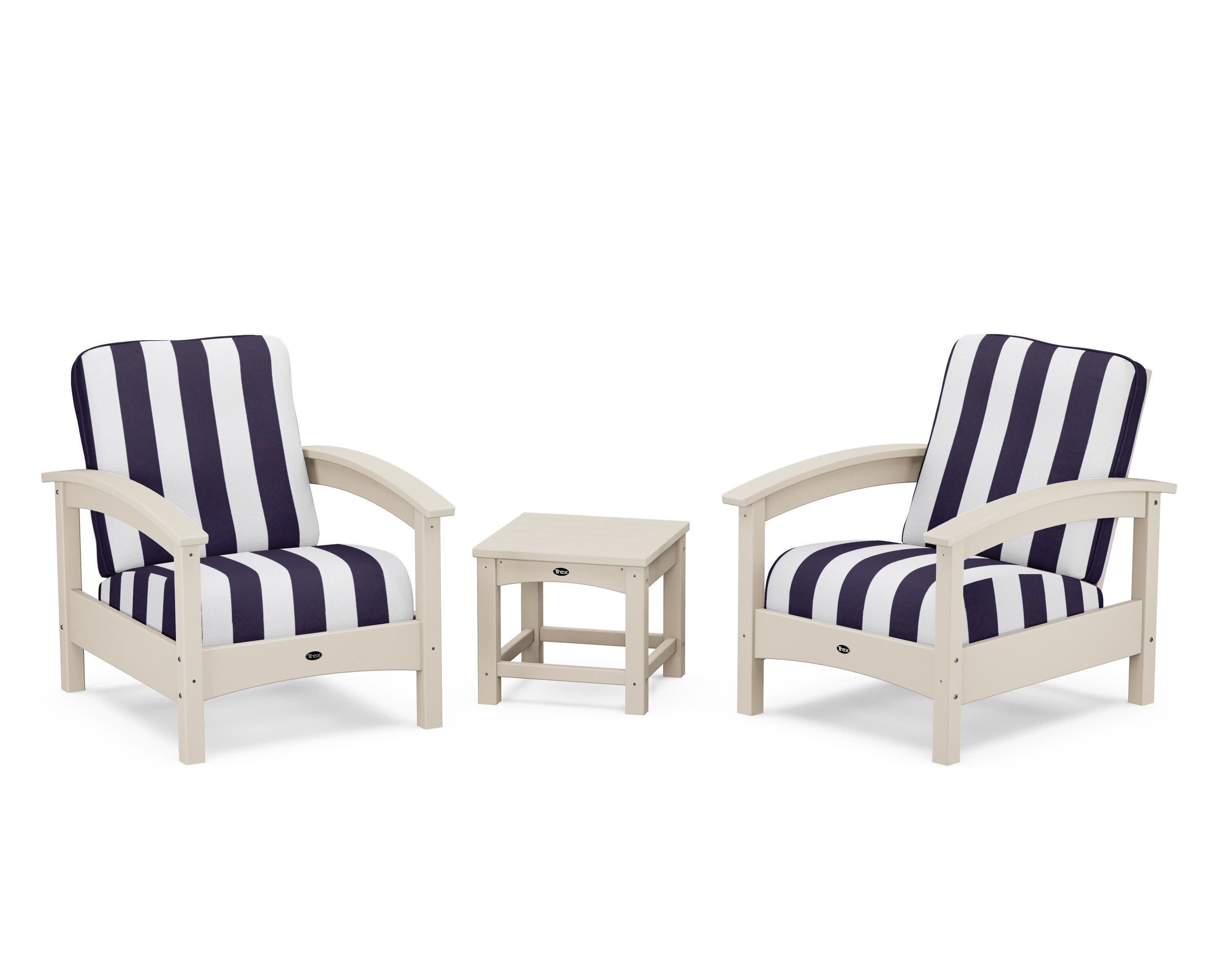 Rockport Club 3-Piece Deep Seating Conversation Set in Sand Castle / Cabana Stripe Navy