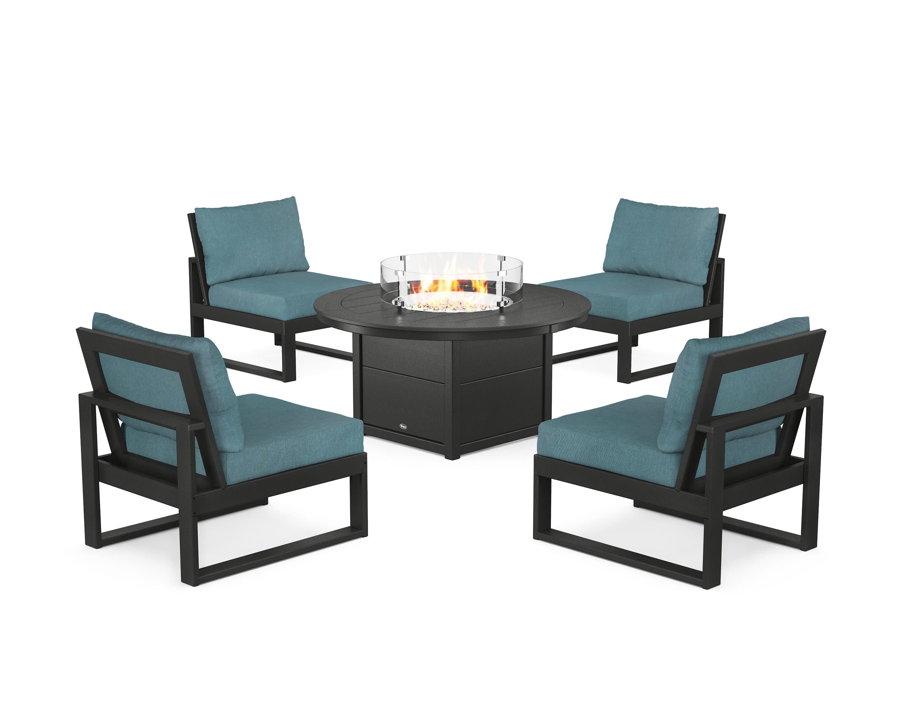 Eastport Modular 5-Piece Deep Seating Set with Round Fire Pit Table in Charcoal Black / Ocean Teal