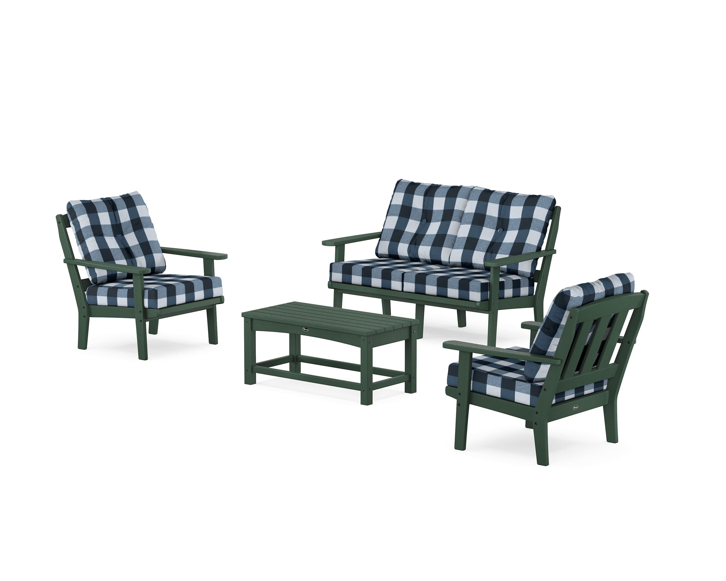 Cape Cod 4-Piece Deep Seating Set with Loveseat in Rainforest Canopy / Buffalo Plaid Marine Indigo