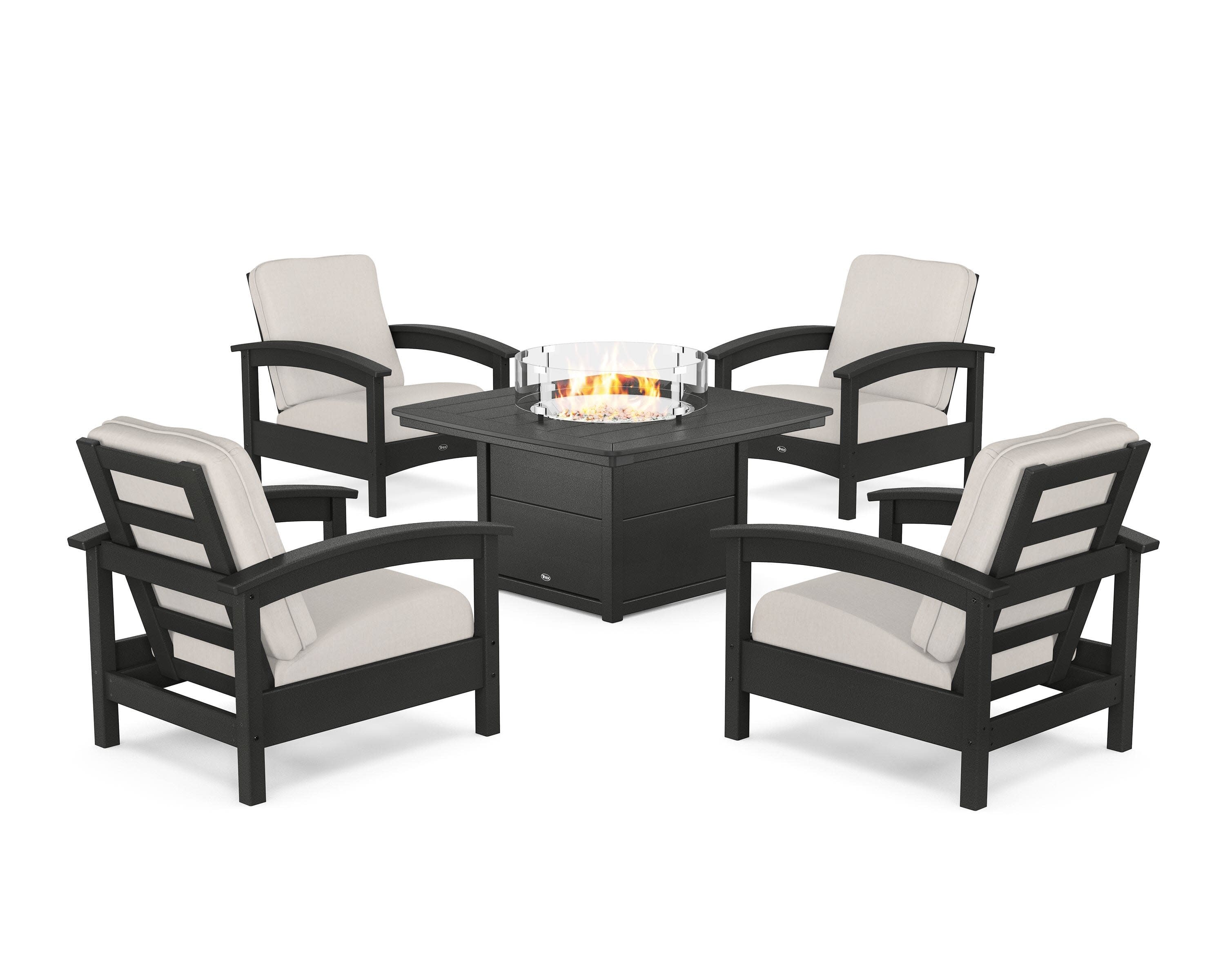 Rockport 5-Piece Deep Seating Set with Yacht Club Fire Pit Table in Charcoal Black / Cast Ash