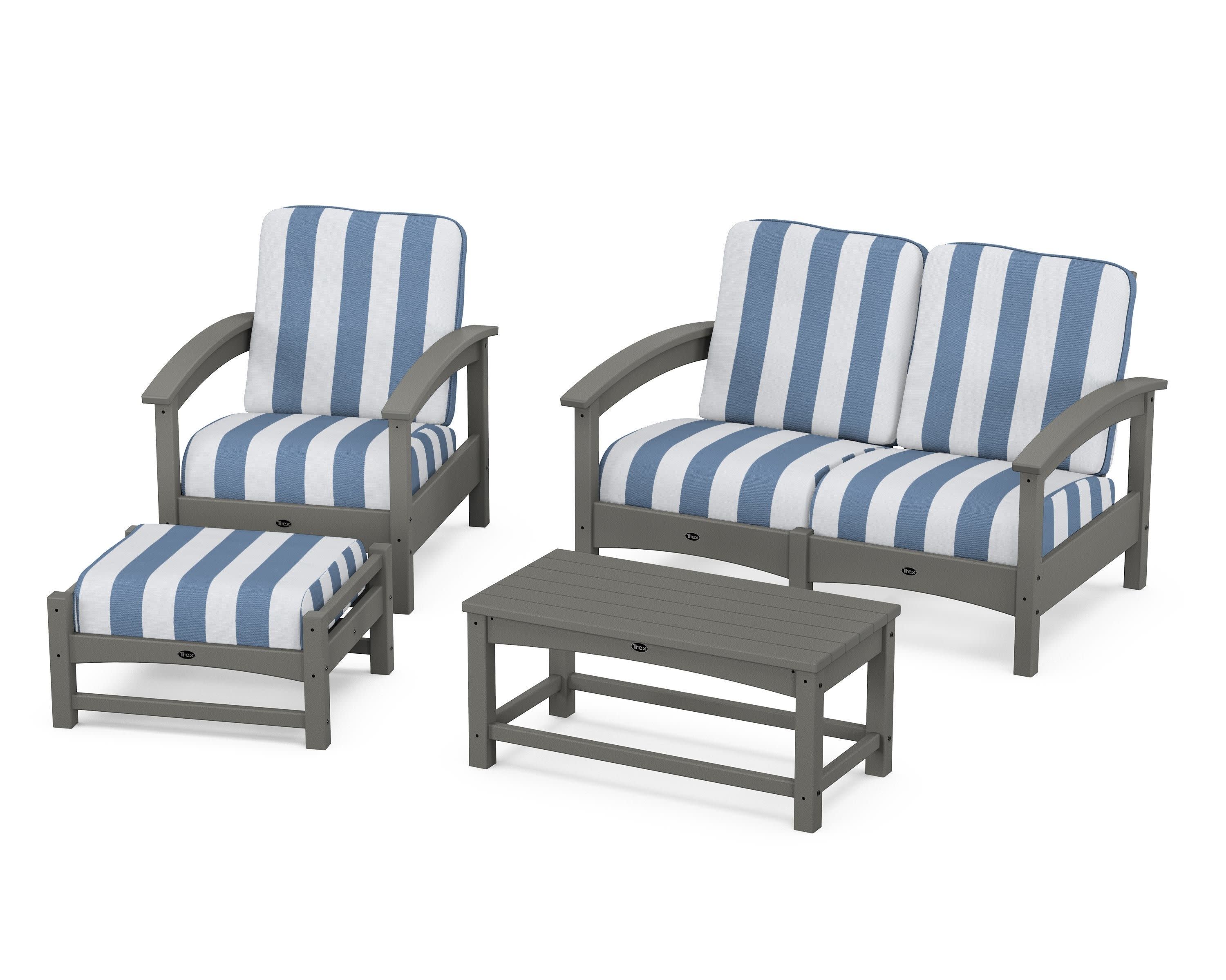 Rockport 4-Piece Deep Seating Conversation Group in Stepping Stone / Cabana Stripe Sky Blue