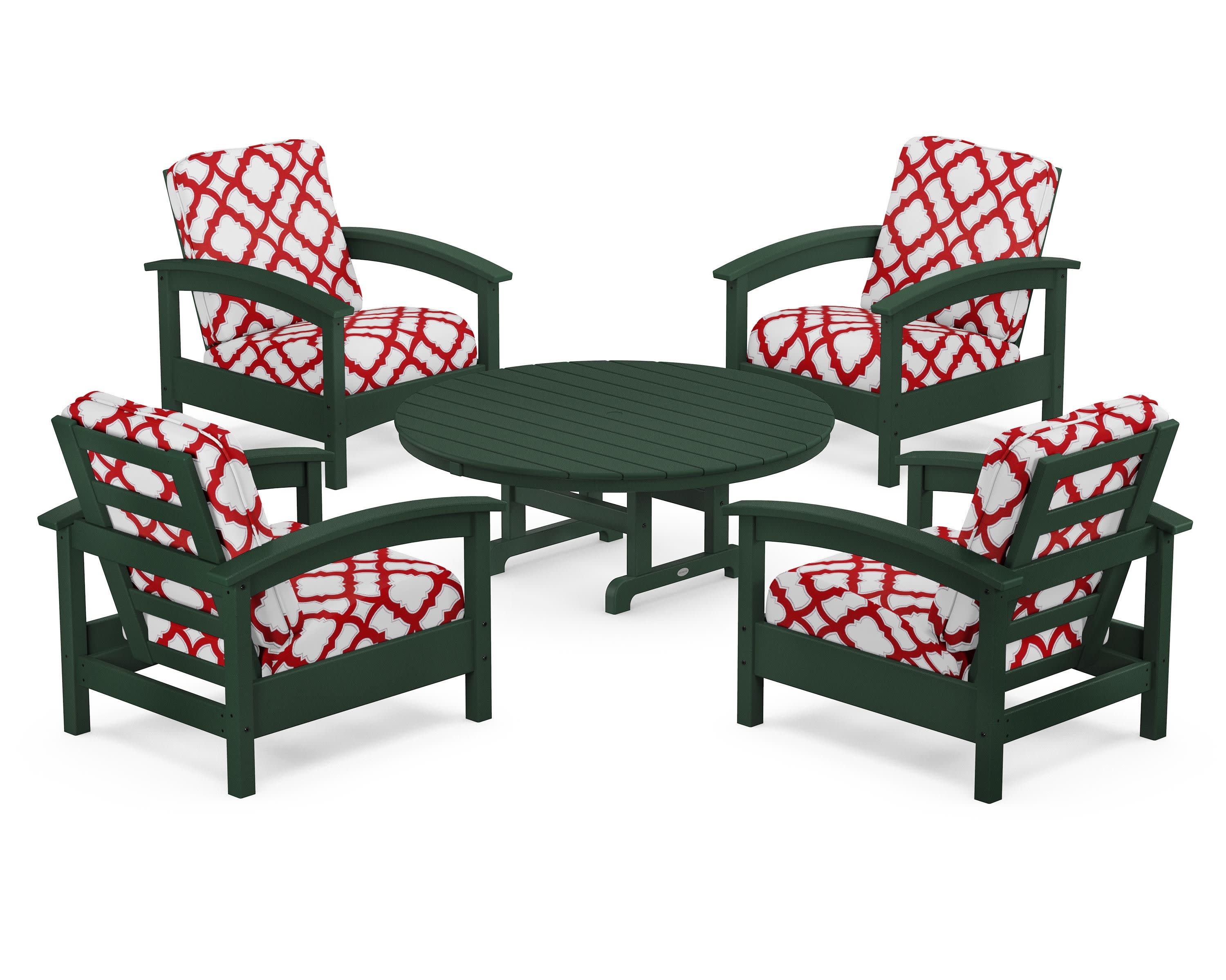Rockport 5-Piece Deep Seating Set in Rainforest Canopy / Trellis Crimson