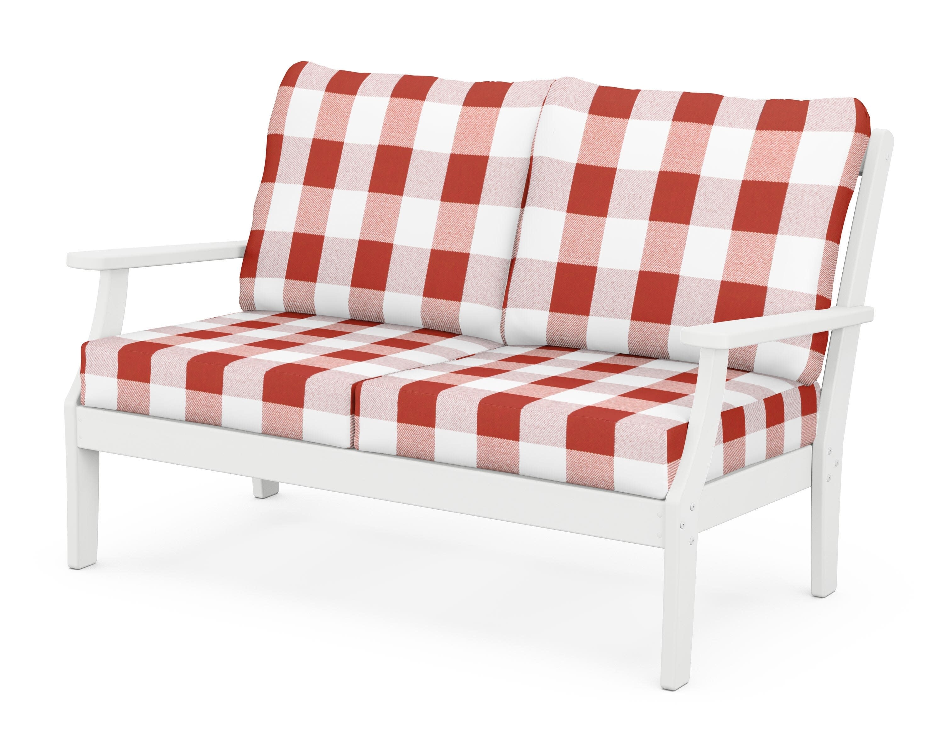 Yacht Club Deep Seating Loveseat in Classic White / Buffalo Plaid Crimson