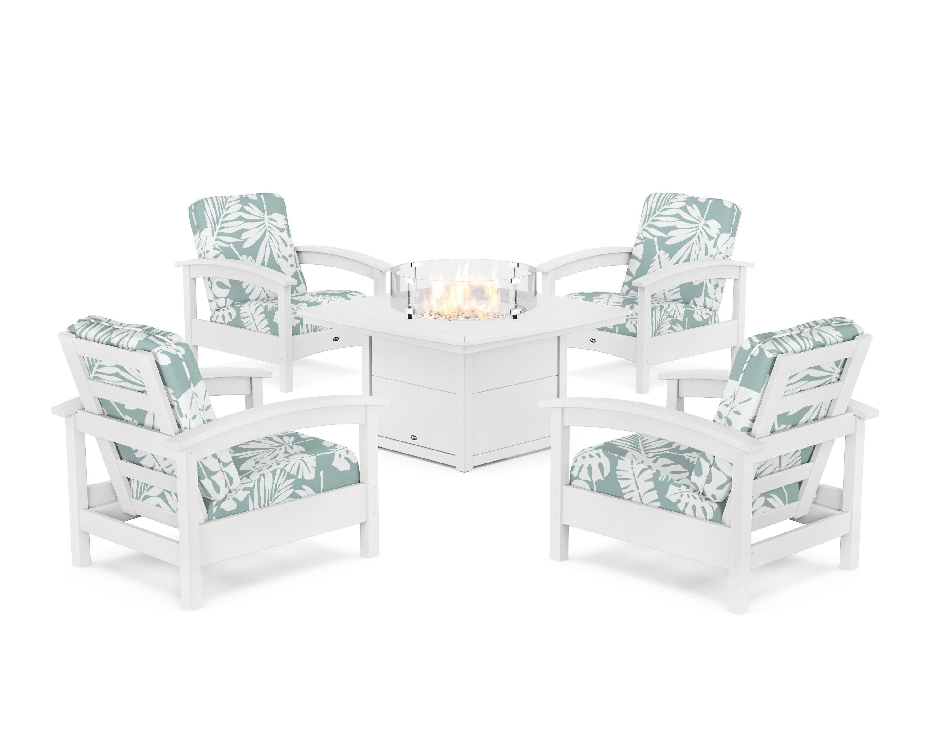 Rockport 5-Piece Deep Seating Set with Yacht Club Fire Pit Table in Classic White / Leaf Glacier Spa