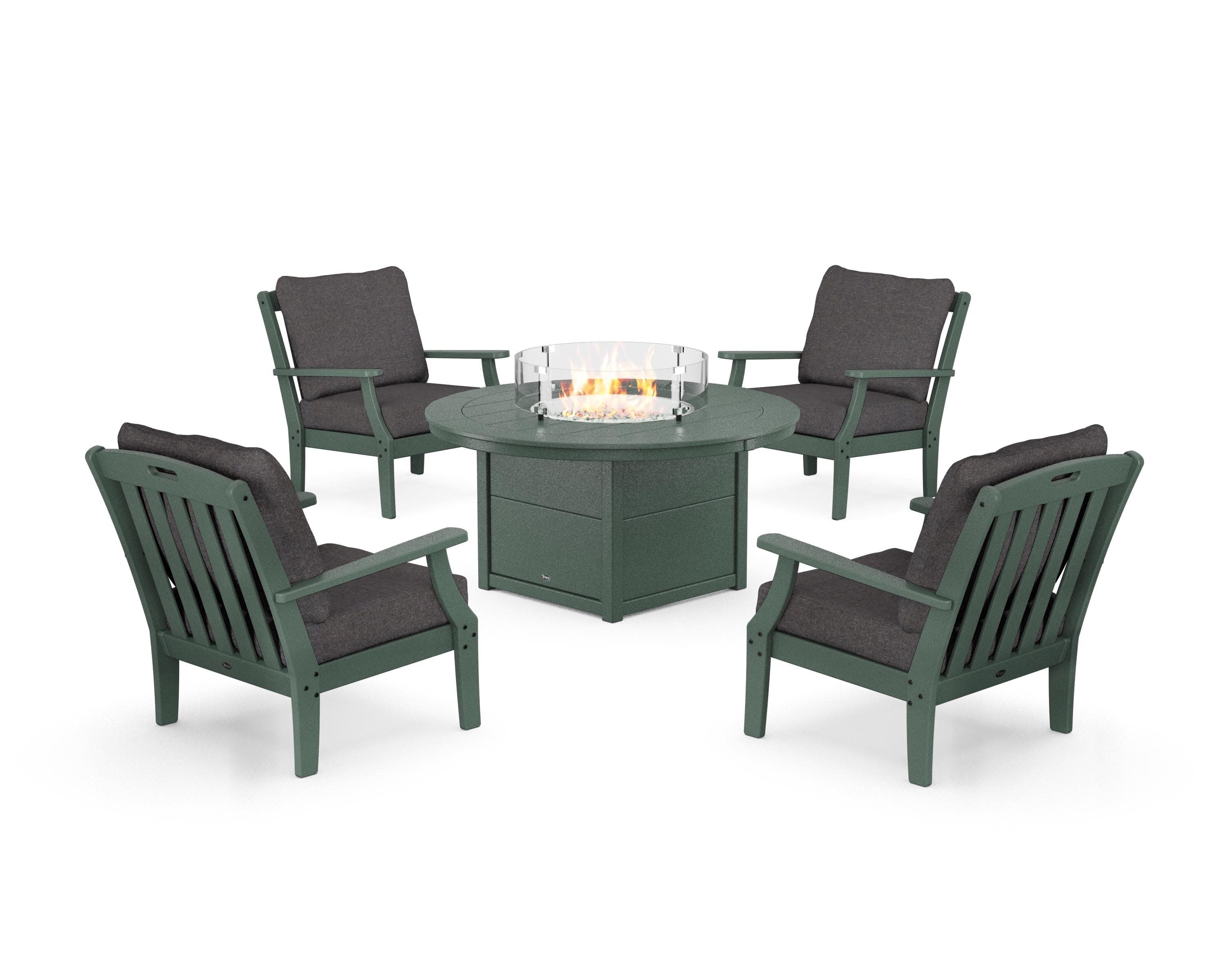 Yacht Club 5-Piece Deep Seating Set with Round Fire Pit Table in Rainforest Canopy / Ash Charcoal