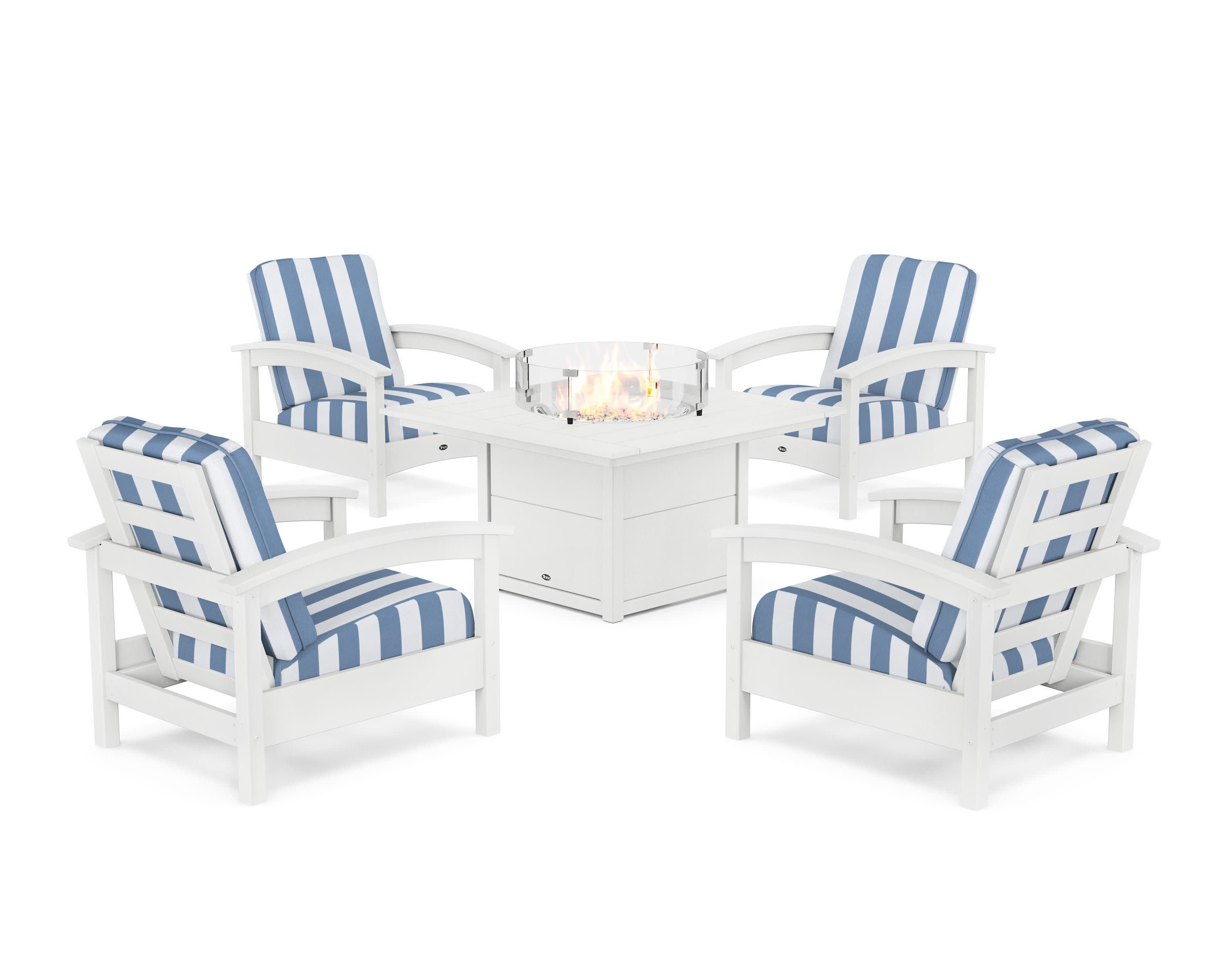 Rockport 5-Piece Deep Seating Set with Square Fire Pit Table in Classic White / Cabana Stripe Sky Blue