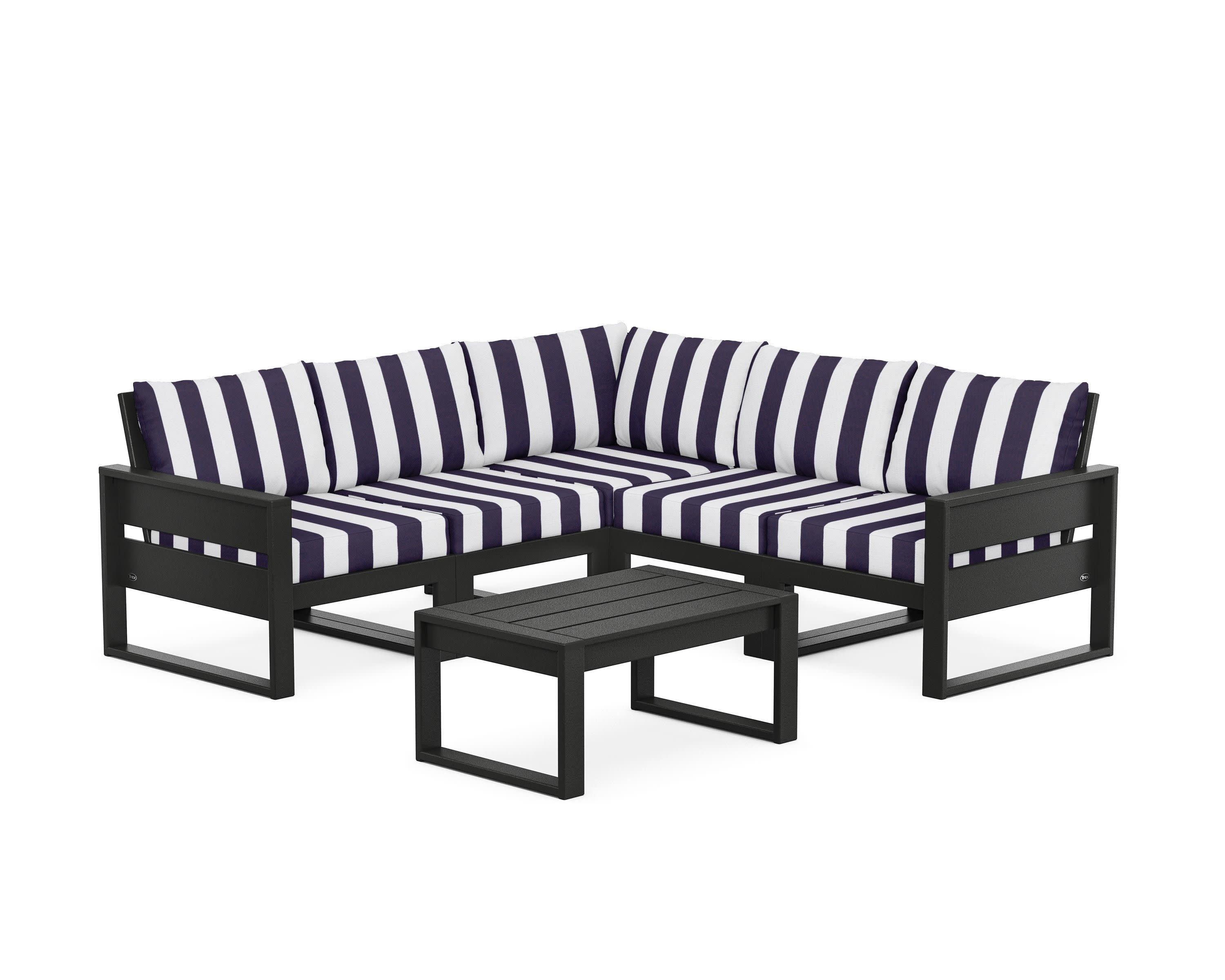 Eastport 6-Piece Deep Seating Sectional + Coffee Table Set in Charcoal Black / Cabana Stripe Navy