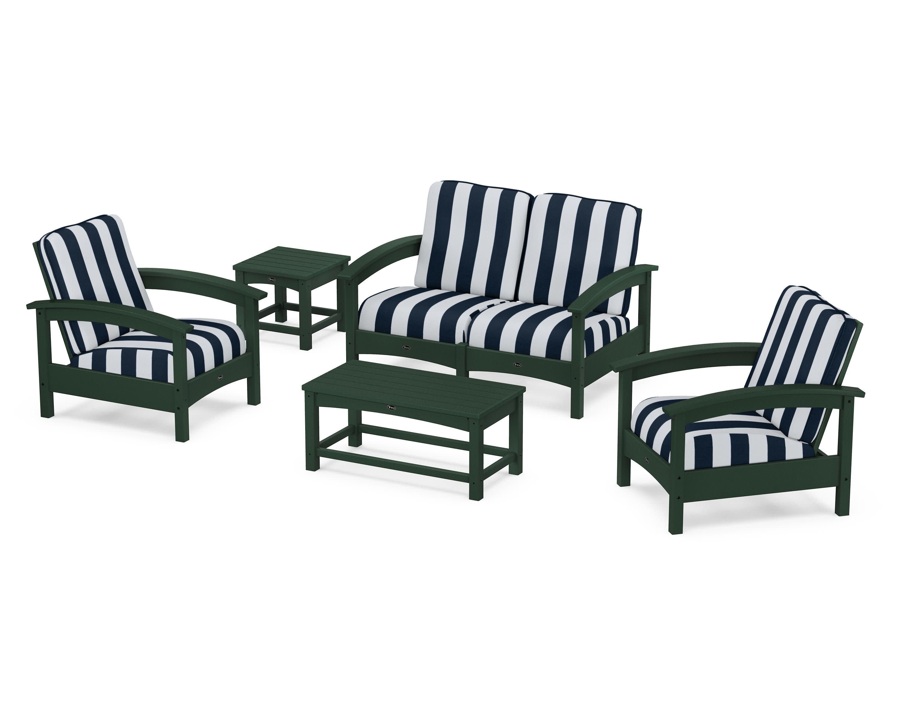 Rockport Club 6-Piece Deep Seating Conversation Set in Rainforest Canopy / Cabana Stripe Marine Indigo