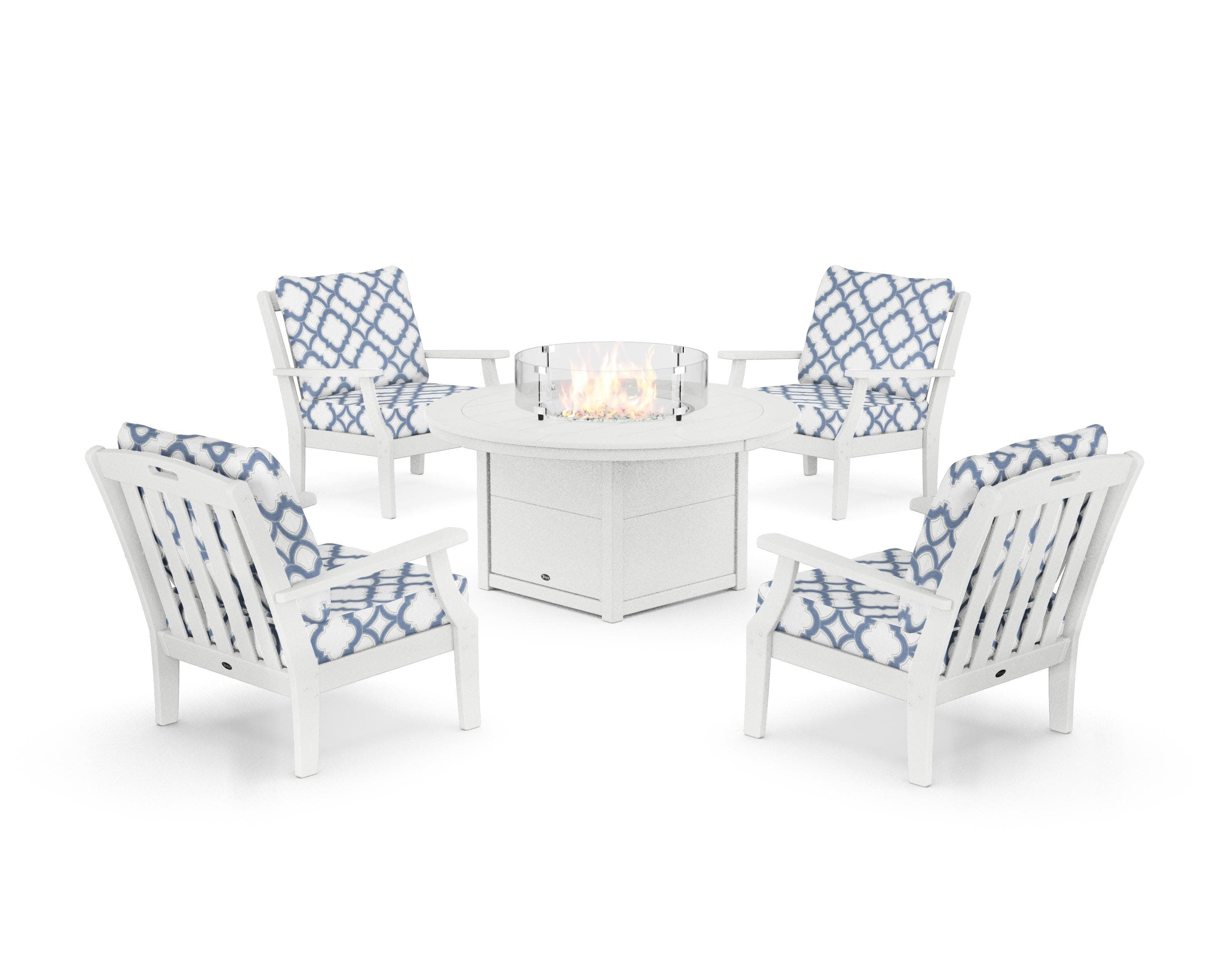 Yacht Club 5-Piece Deep Seating Set with Round Fire Pit Table in Classic White / Trellis Sky Blue